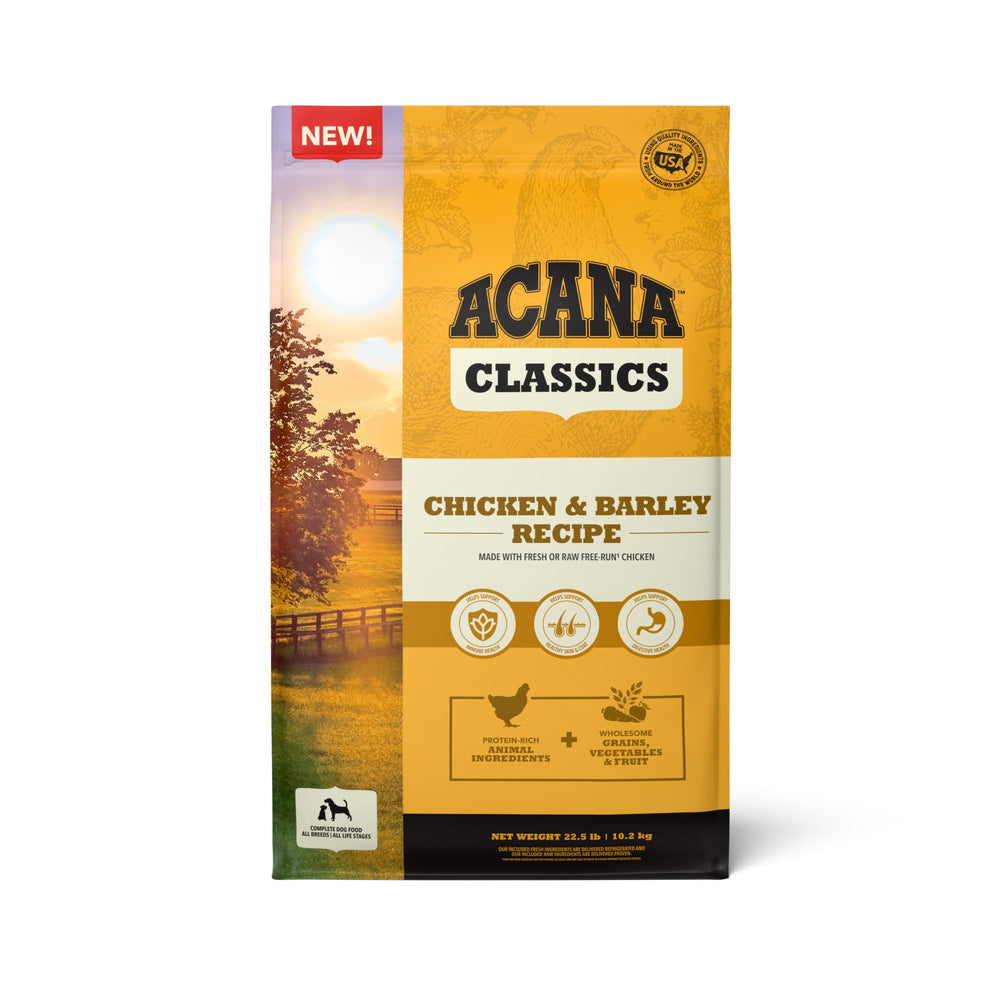 ACANA Classics Chicken & Barley dry dog food bag showing protein-forward formula for balanced nutrition