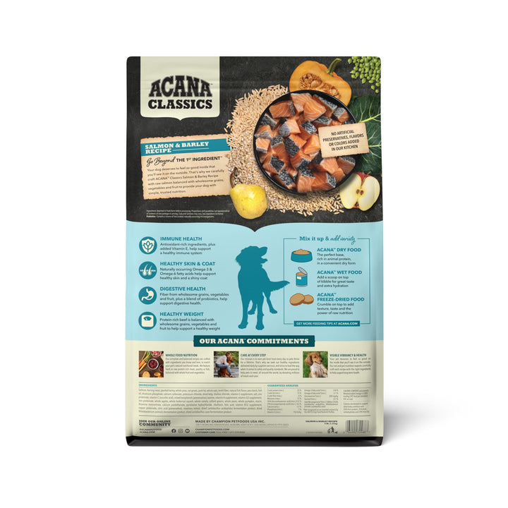 ACANA Classics Salmon Chunks in Kibble close-up highlights protein-rich meals.