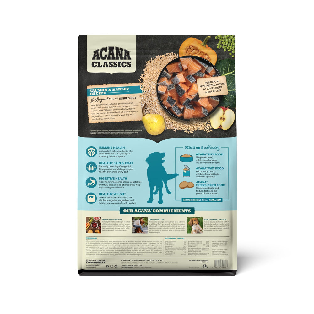 ACANA Classics Salmon Chunks in Kibble close-up highlights protein-rich meals.