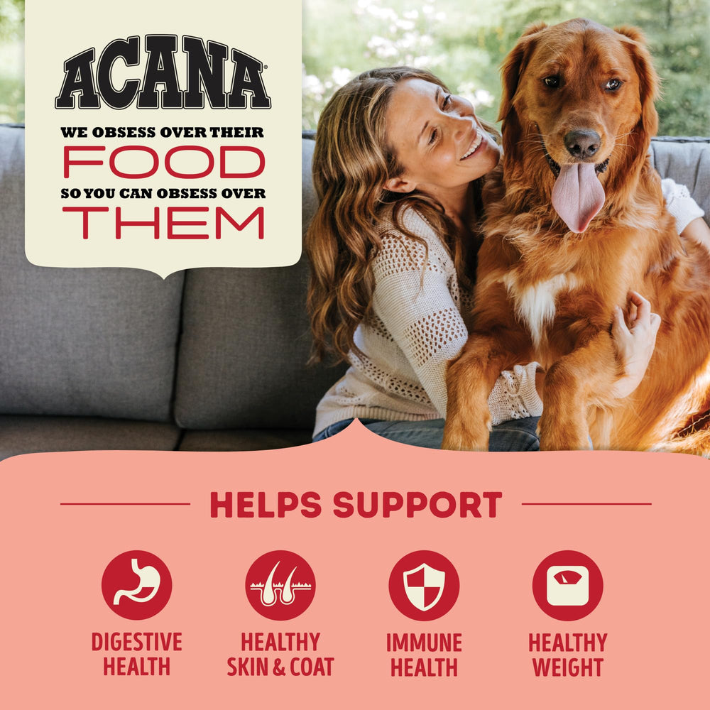 ACANA grain-free bag label highlighting ingredients and nutrition