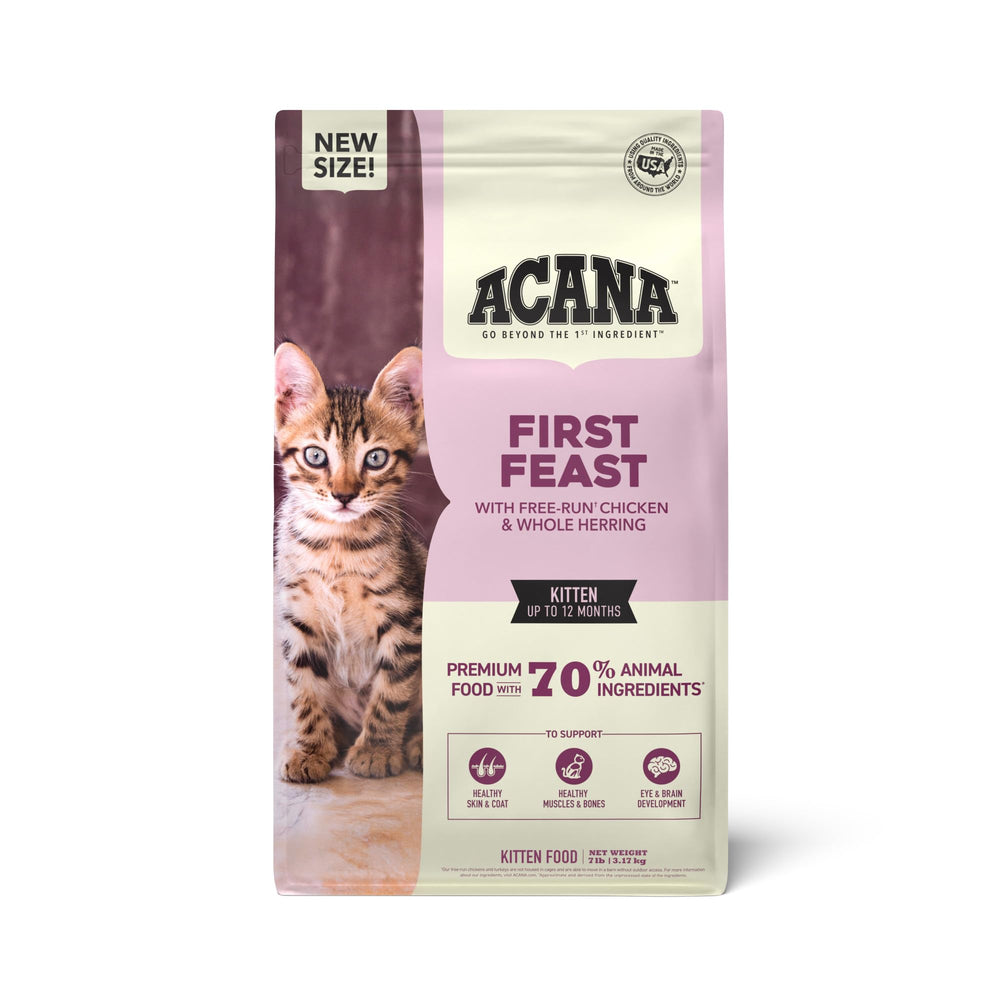 ACANA First Feast kitten kibble with free-run chicken and whole herring for growing kittens.
