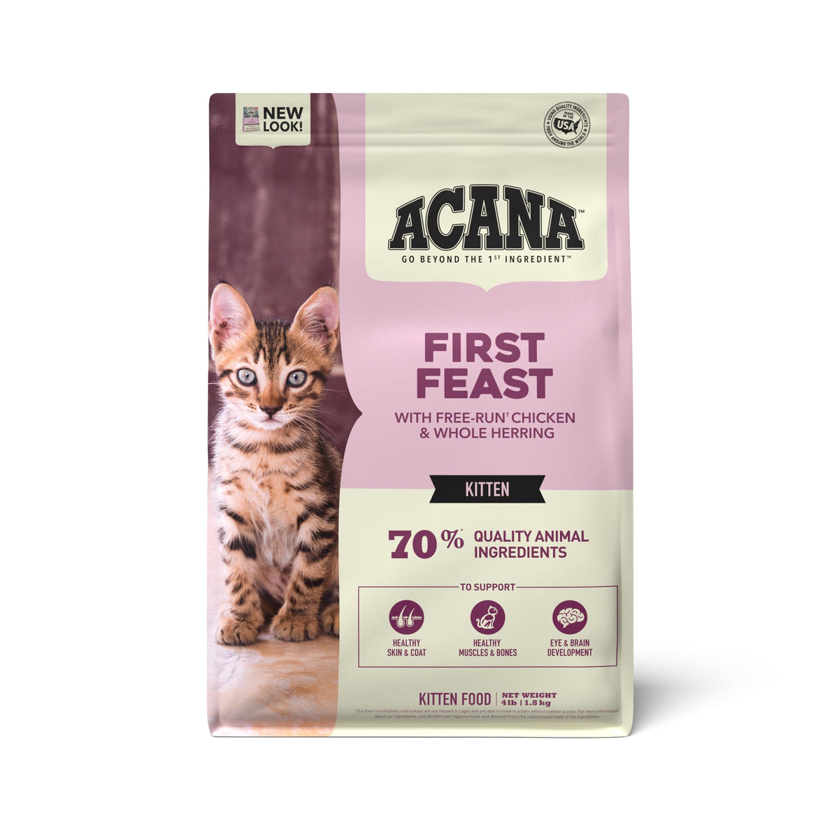 ACANA First Feast kitten dry food bag front showing premium ingredients