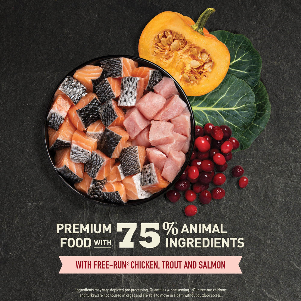 ACANA free-run chicken, trout and salmon ingredients featured in the recipe.
