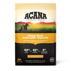 ACANA Free-Run Poultry Recipe bag highlights premium protein nutrition for dogs