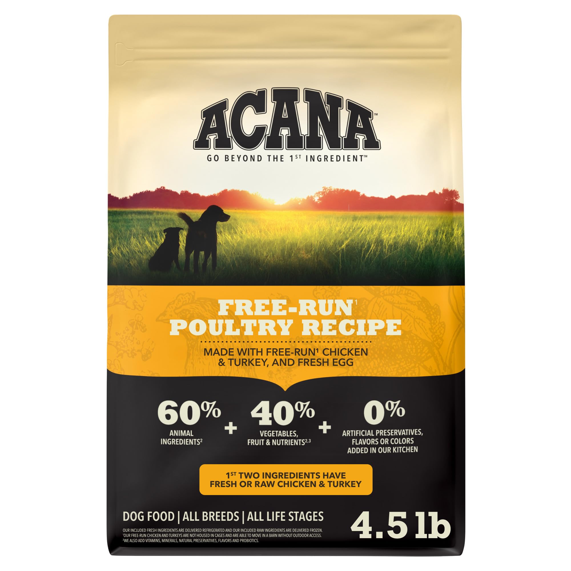 ACANA Free-Run Poultry Recipe bag front view showing grain-free, protein-rich formula