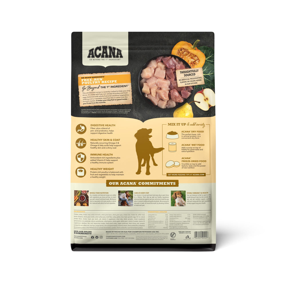 ACANA bag side view highlighting grain-free poultry recipe
