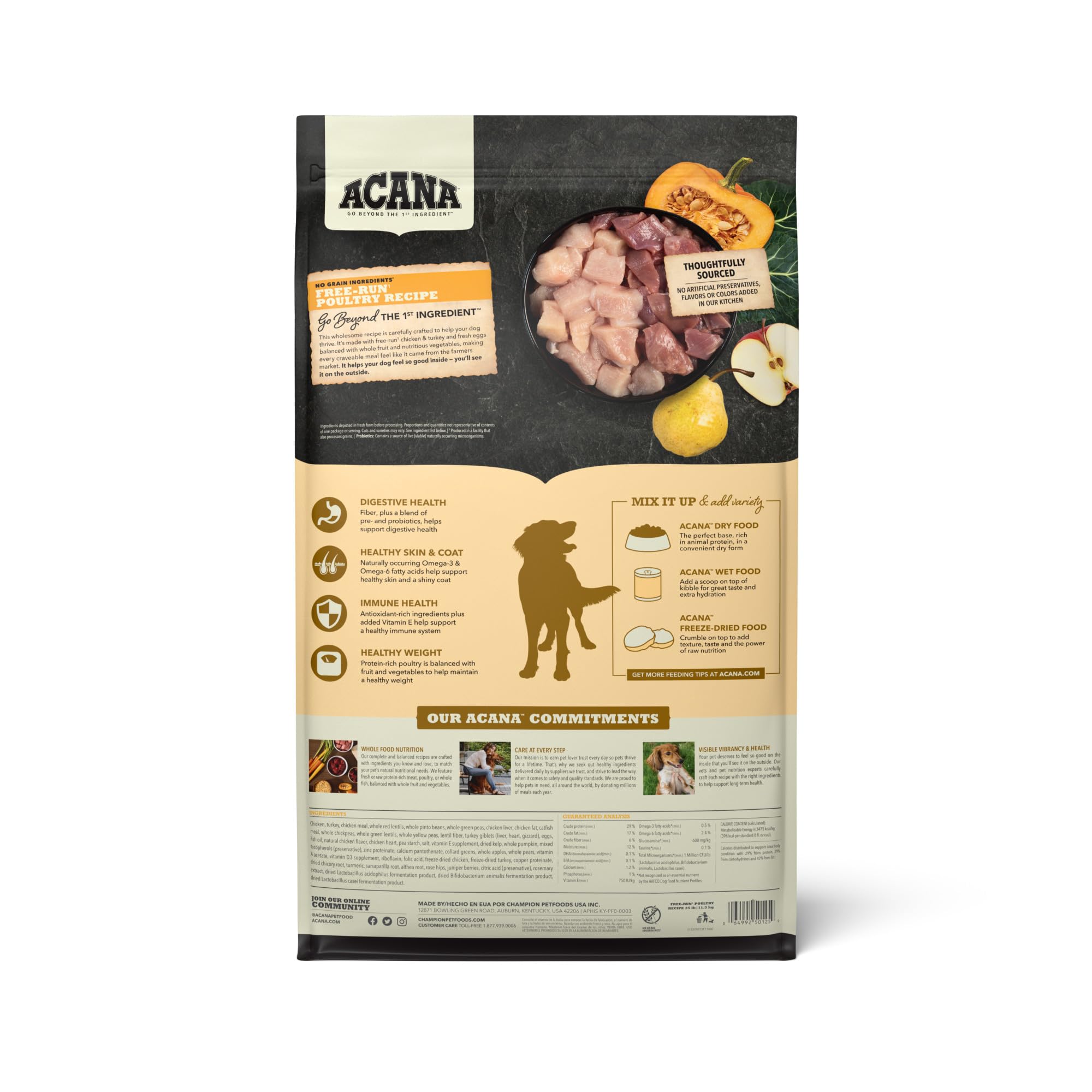 ACANA grain-free kibble in bowl with vegetables for premium protein