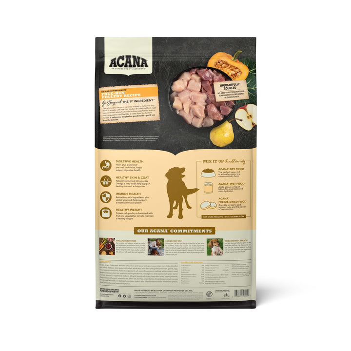 ACANA grain-free kibble in bowl with vegetables for premium protein