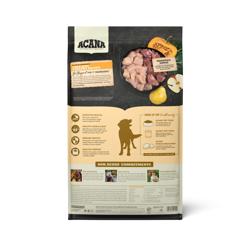ACANA grain-free kibble in bowl with vegetables for premium protein