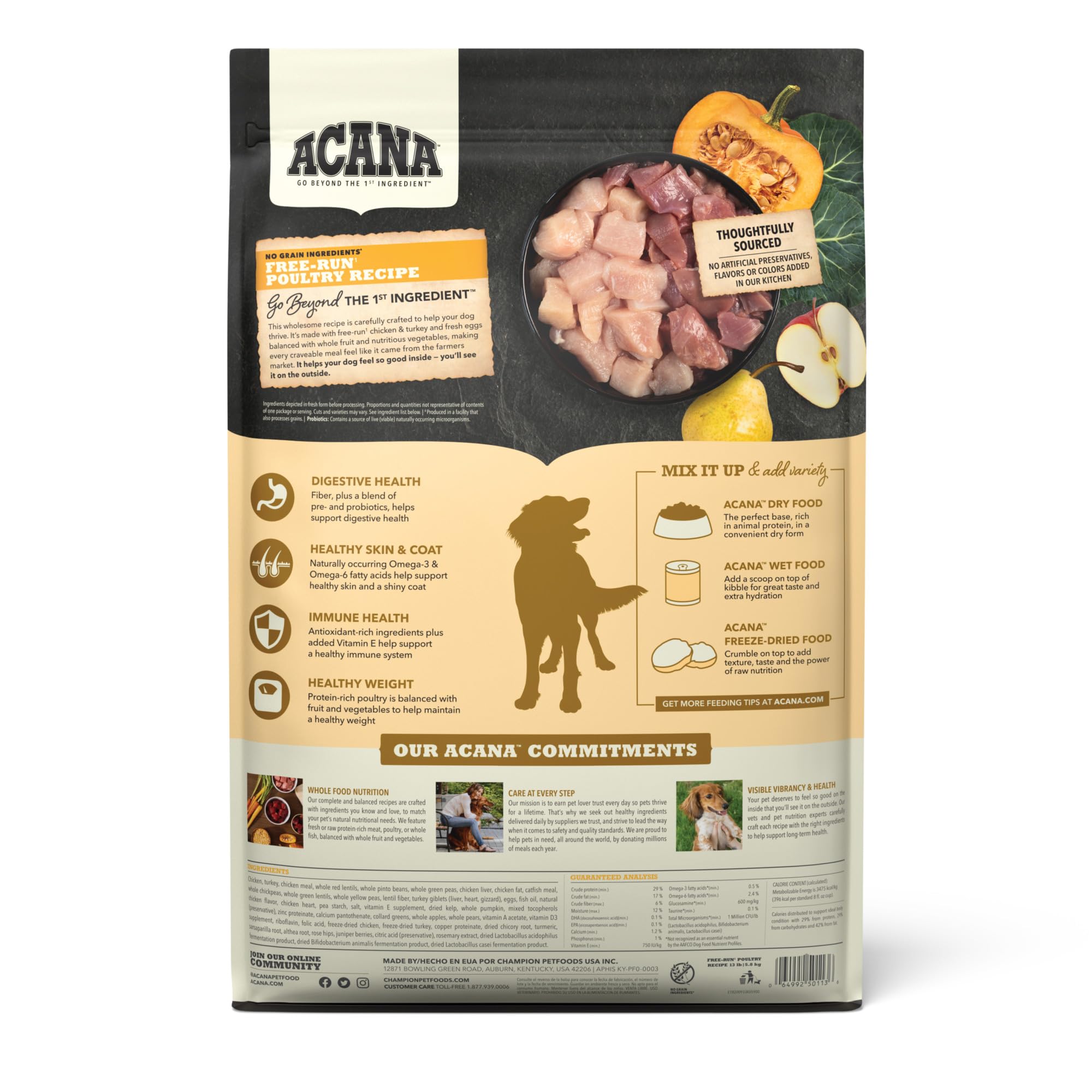 ACANA Free-Run Poultry kibble close-up emphasizing grain-free texture
