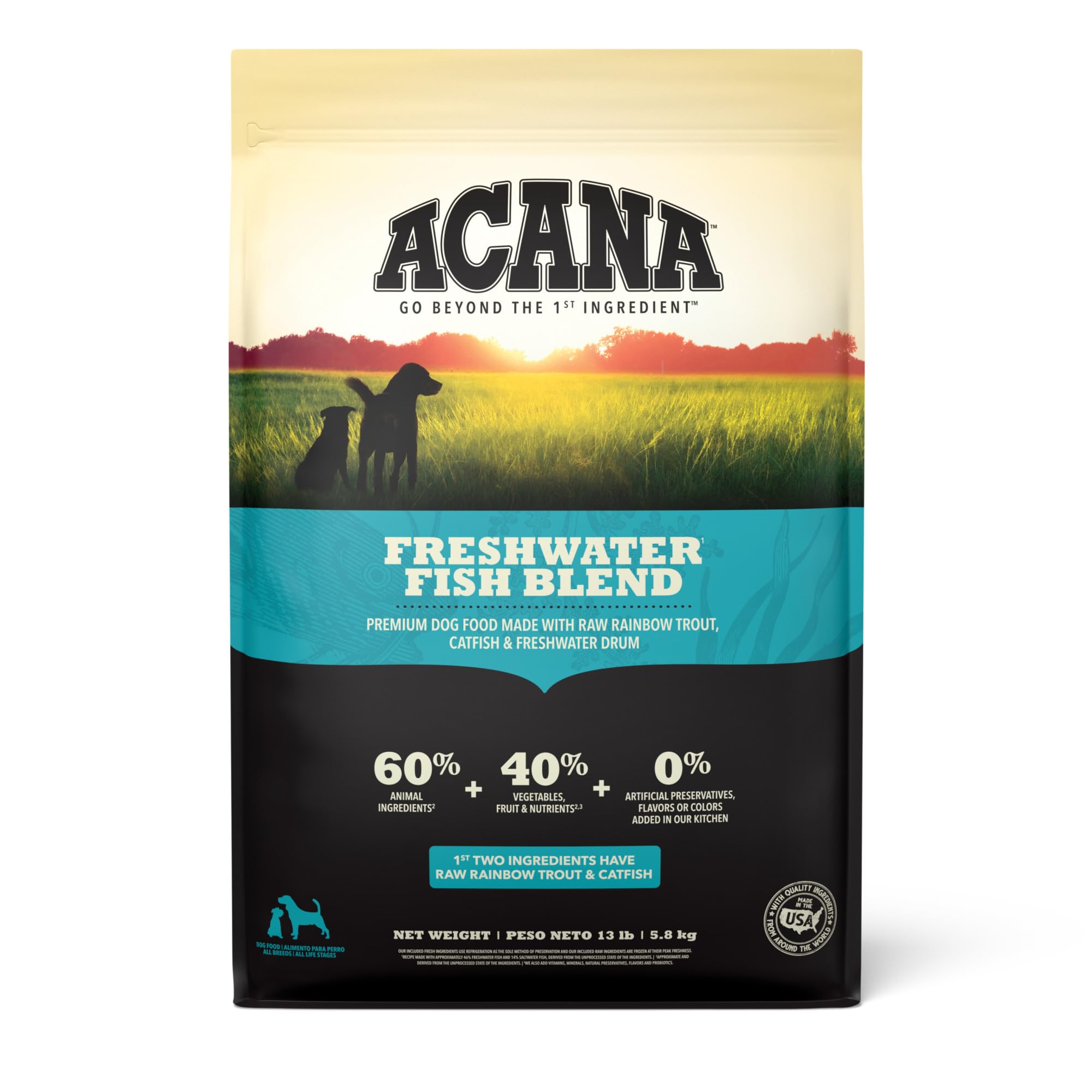 ACANA Freshwater Fish Recipe dry dog food bag with premium protein sources for dogs.
