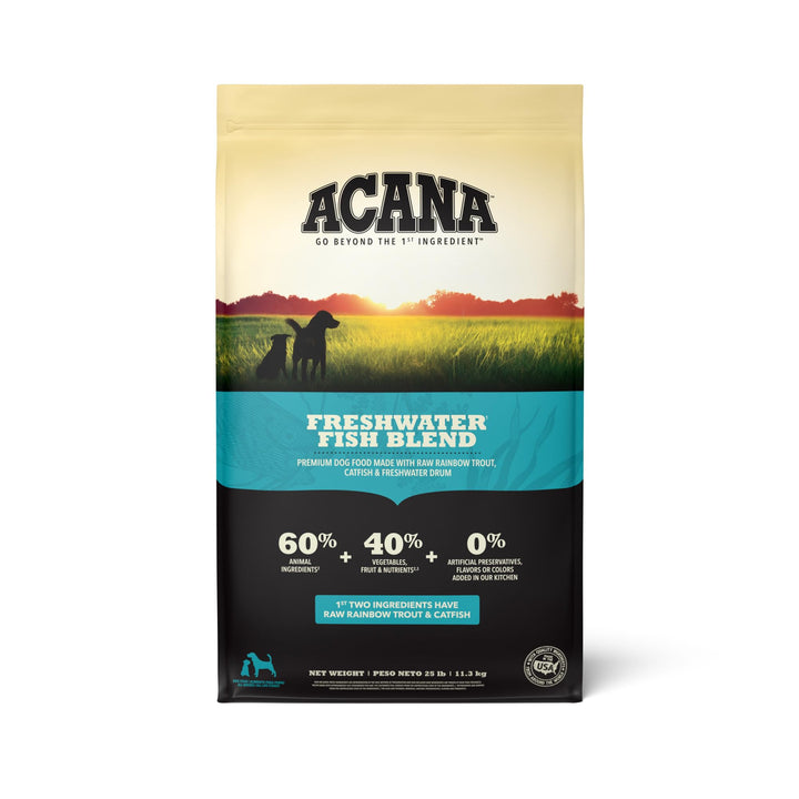 ACANA grain-free freshwater fish kibble bag close-up, high-protein nutrition for dogs.