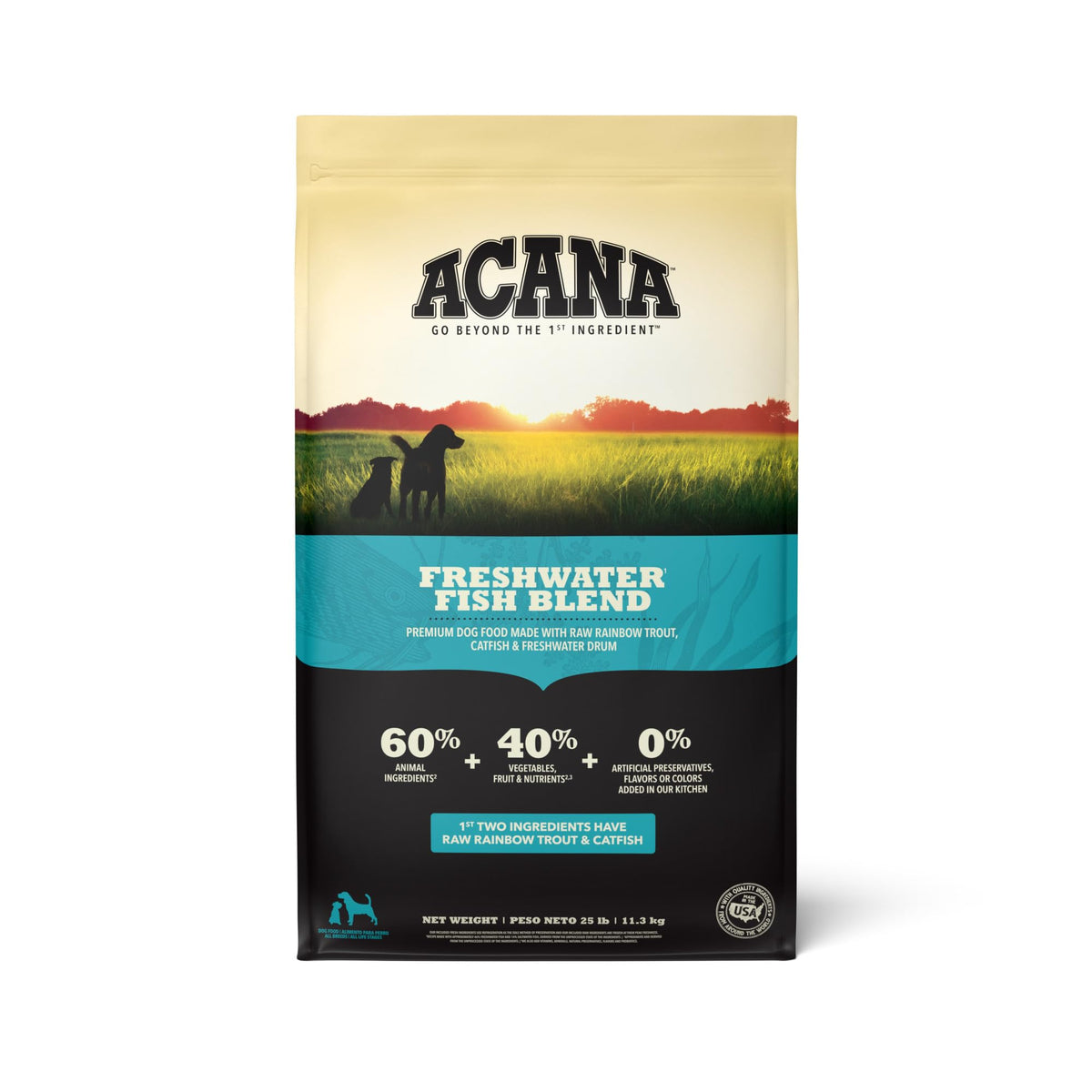 ACANA grain-free freshwater fish kibble bag close-up, high-protein nutrition for dogs.