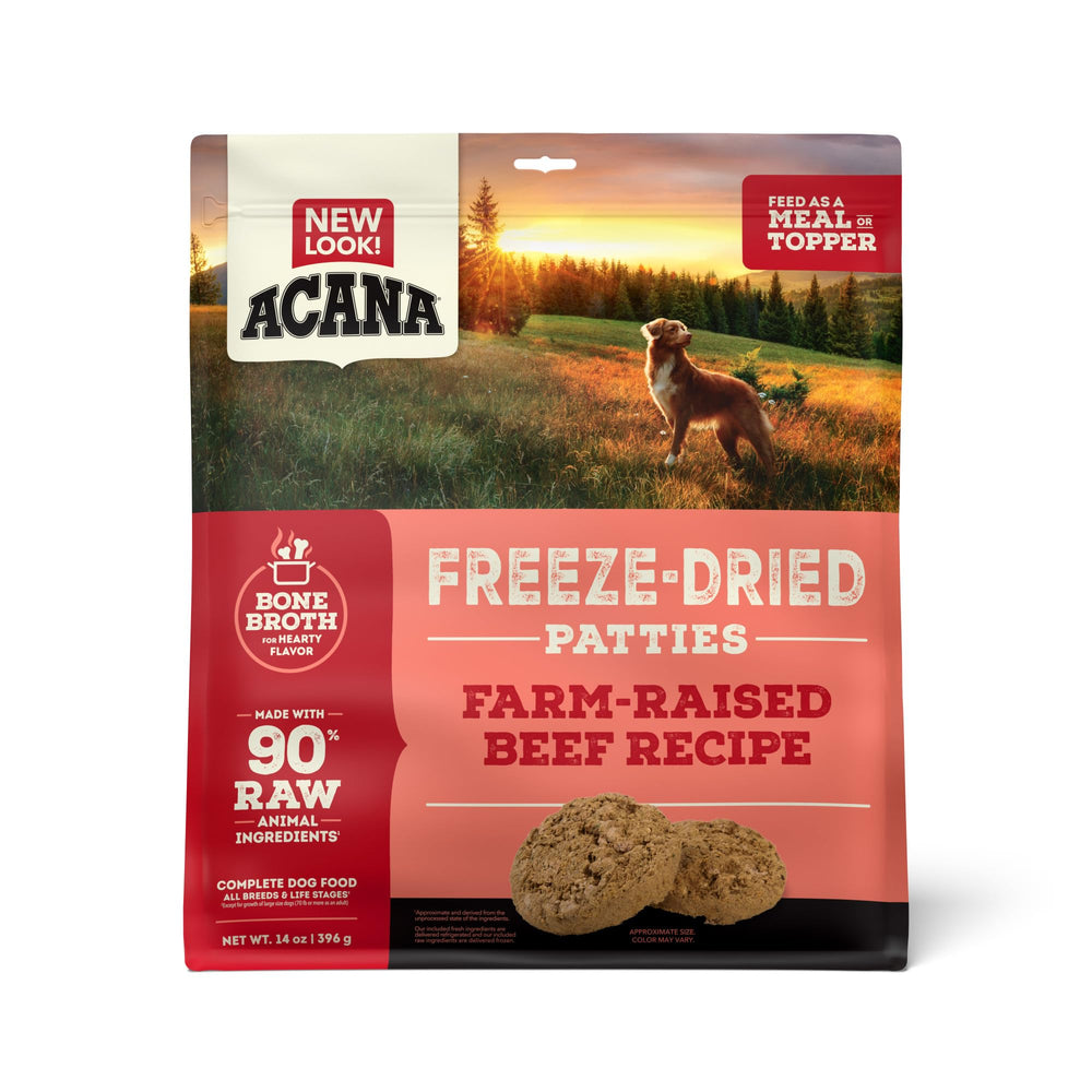 ACANA grain-free high-protein beef patties bag 14oz for meals.