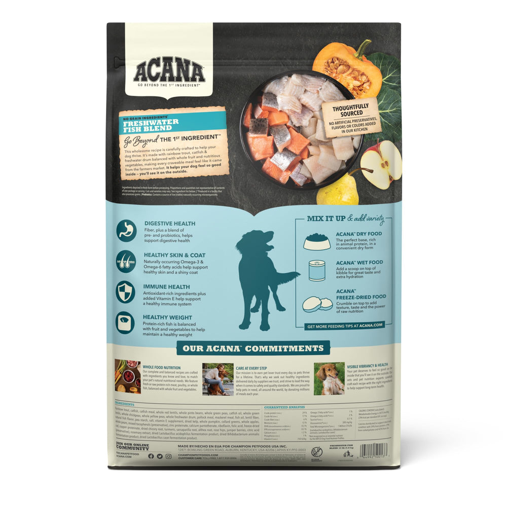 ACANA grain-free kibble close-up highlighting protein-rich pieces for strong muscles.
