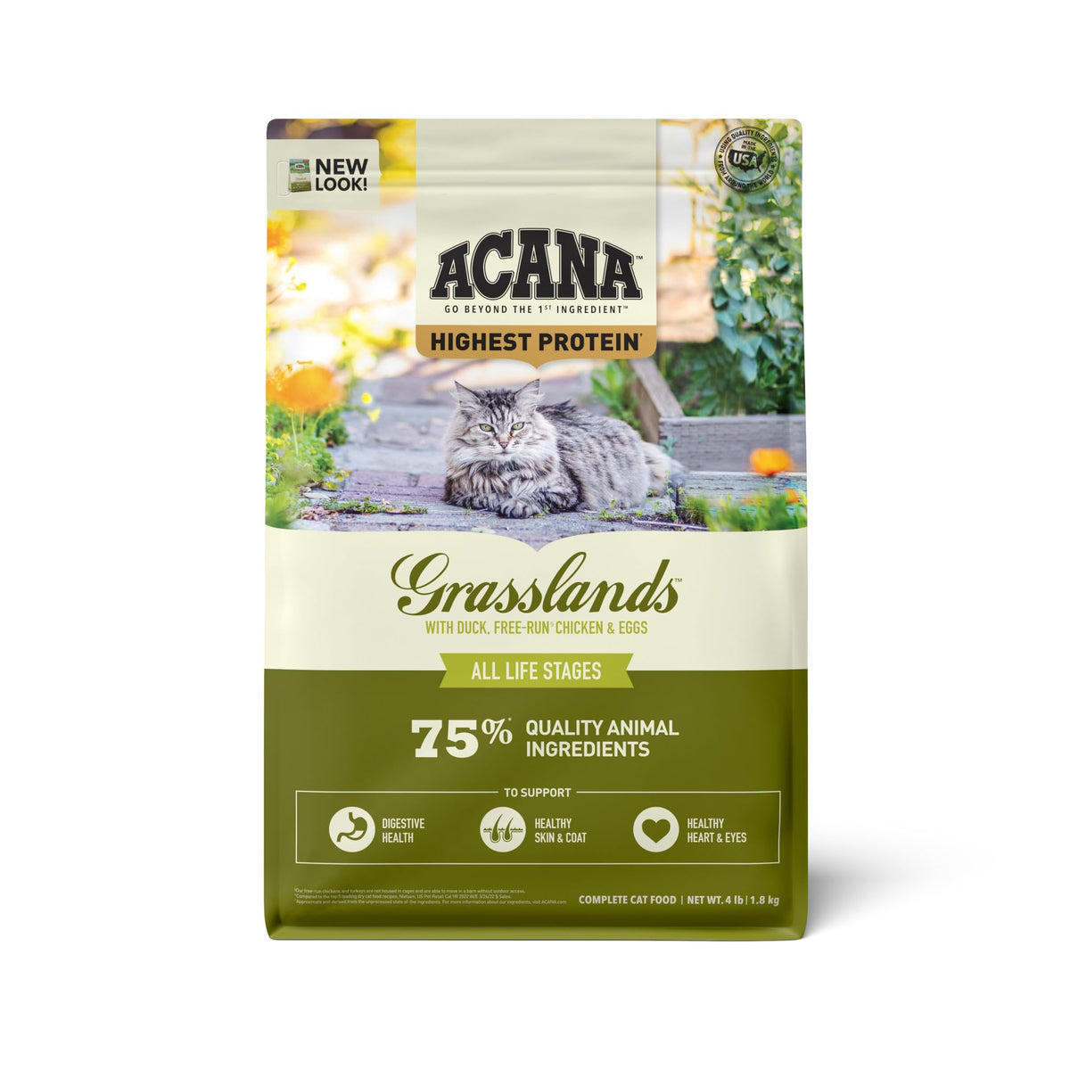 ACANA Grasslands bag front view, grain-free cat food with high-protein ingredients.
