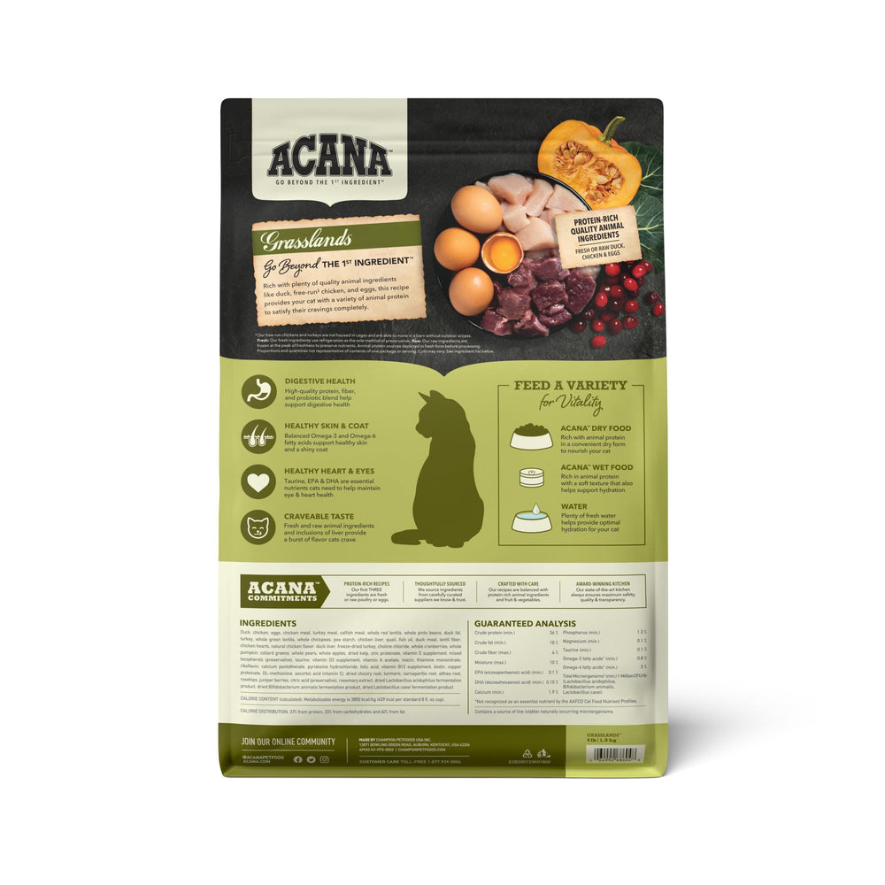 ACANA Grasslands grain-free formula emphasizes no grains or fillers.