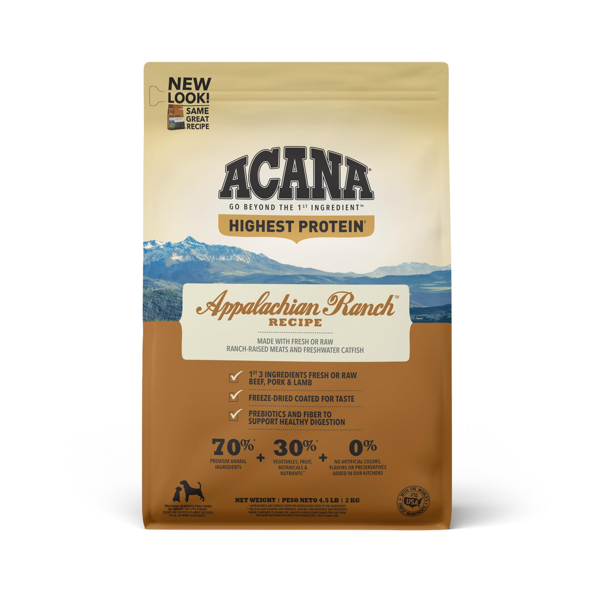 ACANA Highest Protein Appalachian Ranch dry dog food bag showing high-protein grain-free formula for active dogs