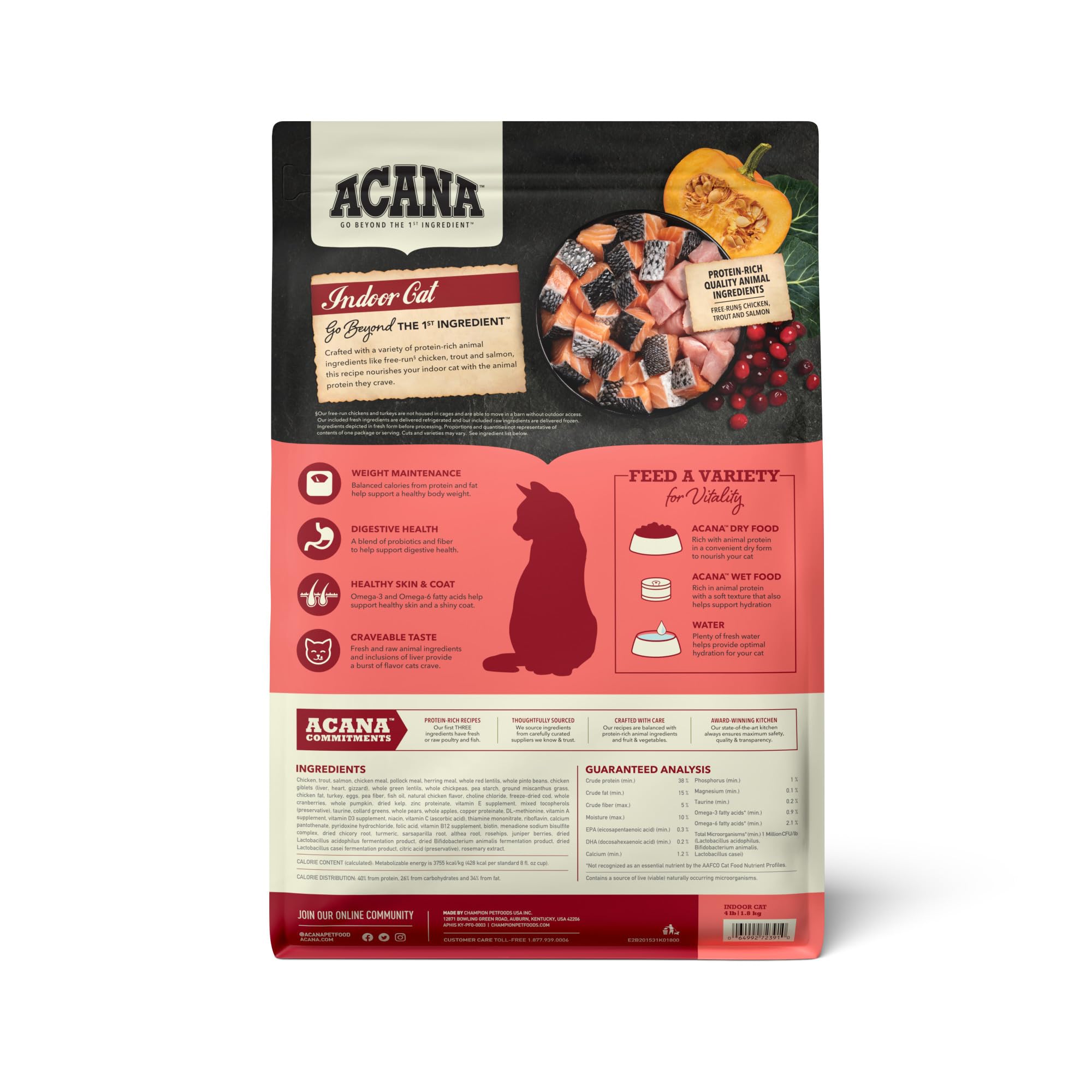 ACANA Highest Protein Indoor Cat Food kibble close-up showing protein-rich bites.