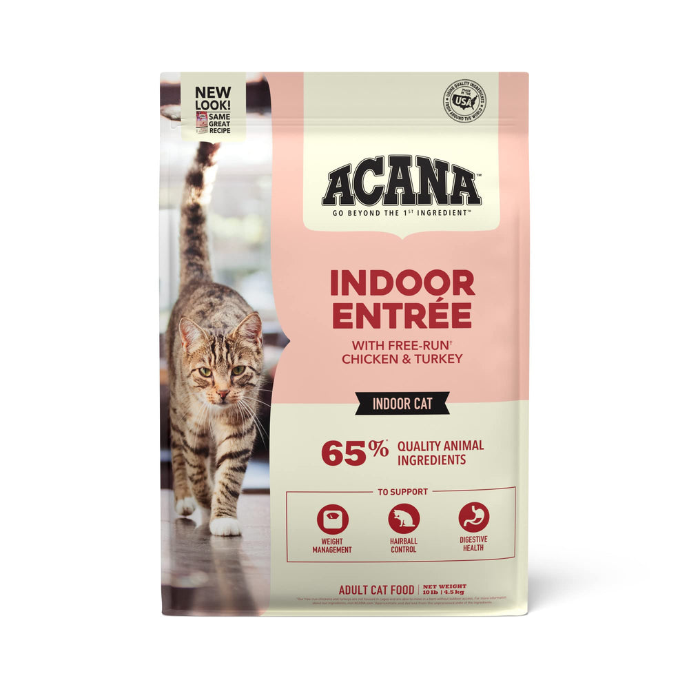 ACANA Indoor Entree bag front supports digestive health for indoor cats