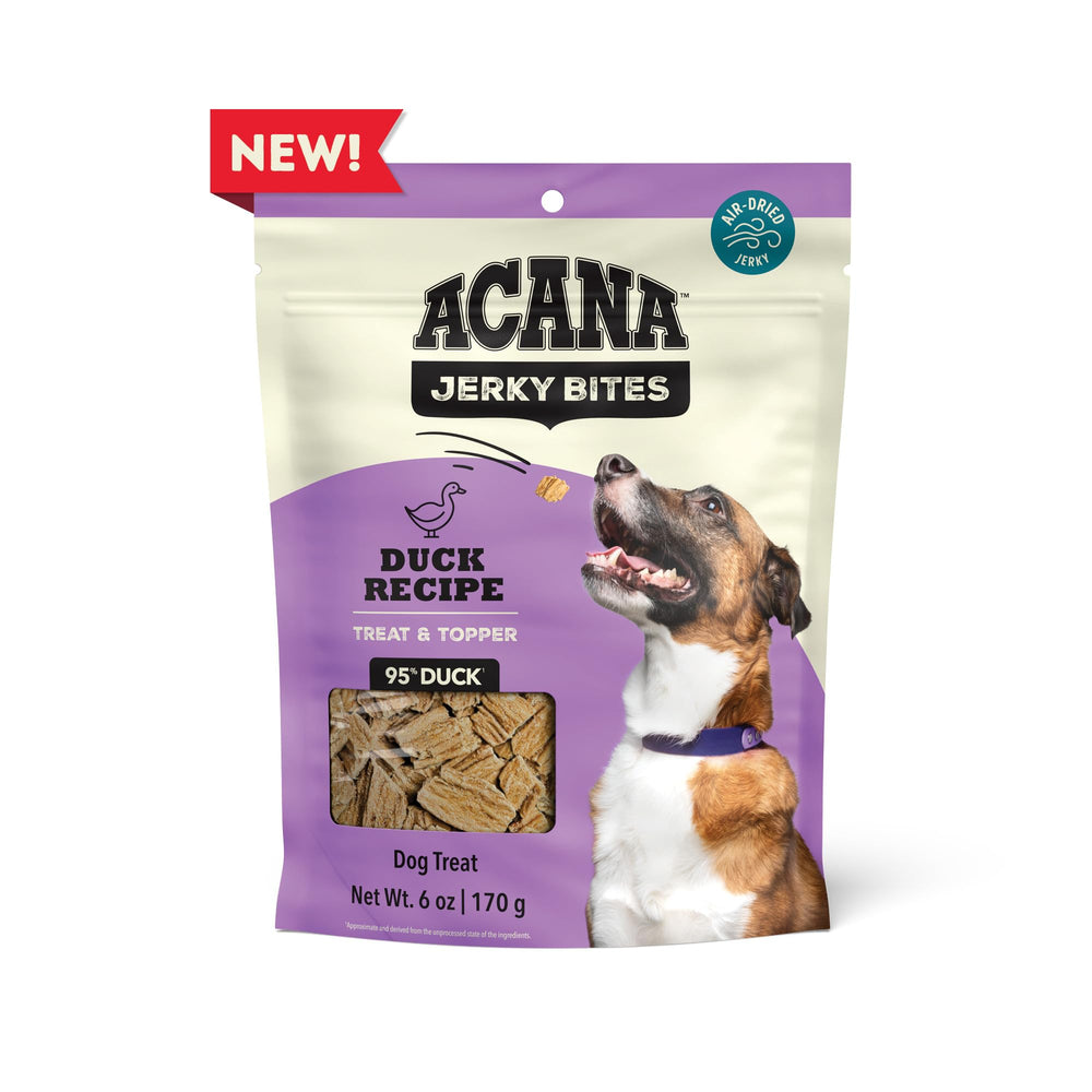 Visible duck pieces and grain-free formula in Jerky Bites Duck Recipe