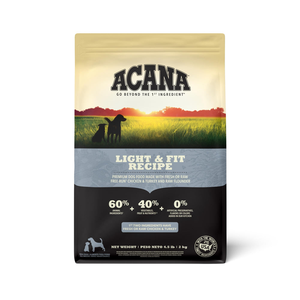 ACANA Light & Fit 4.5lb bag shows protein-forward formula for active dogs
