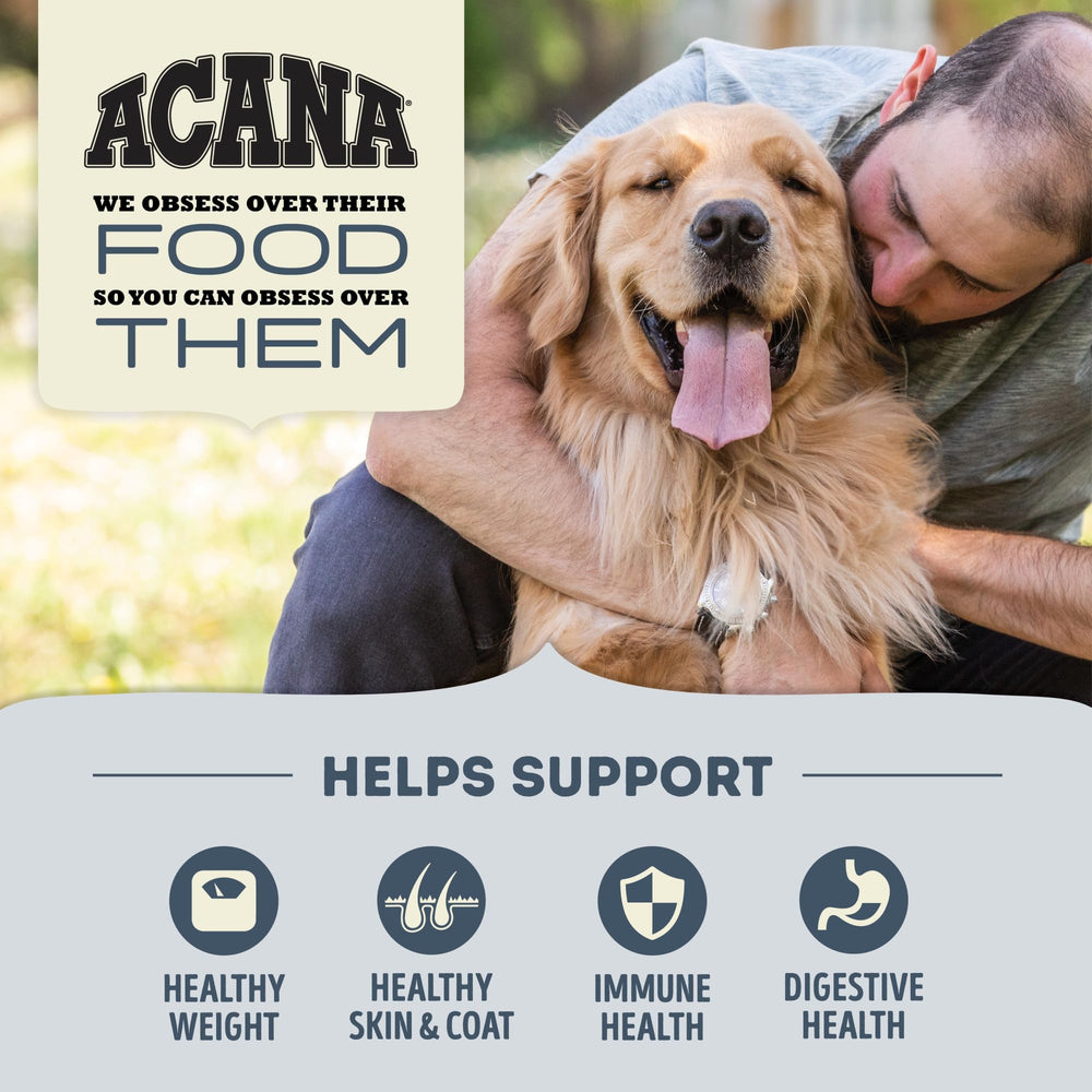 ACANA Light & Fit bag open to reveal premium ingredients