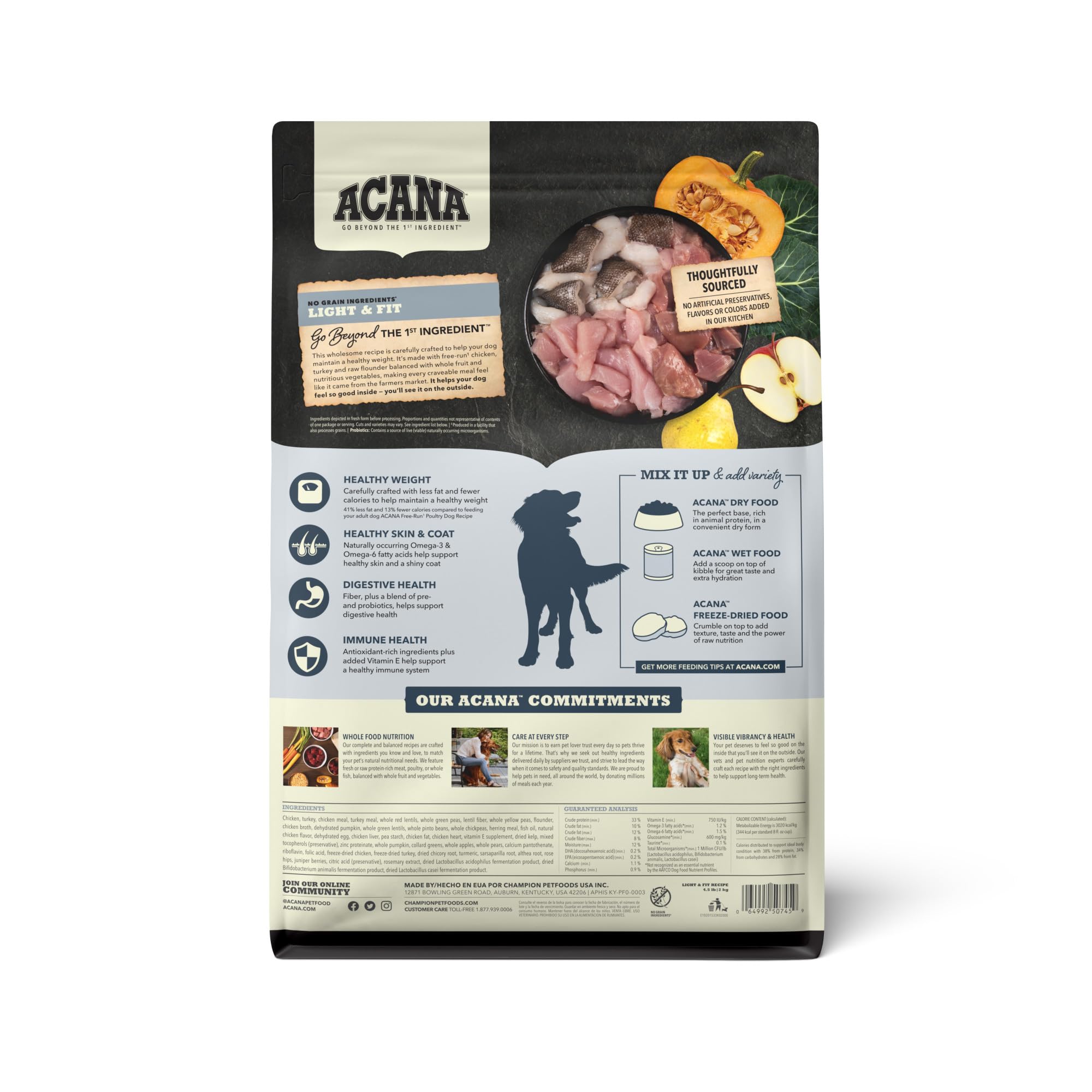 Closeup of ACANA Light & Fit kibble highlighting grain-free texture