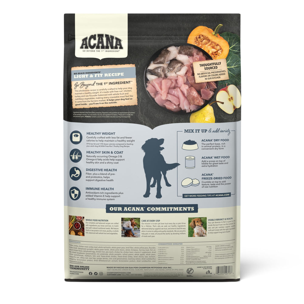 ACANA Light & Fit kibble close-up showing real meat ingredients for lean conditioning.