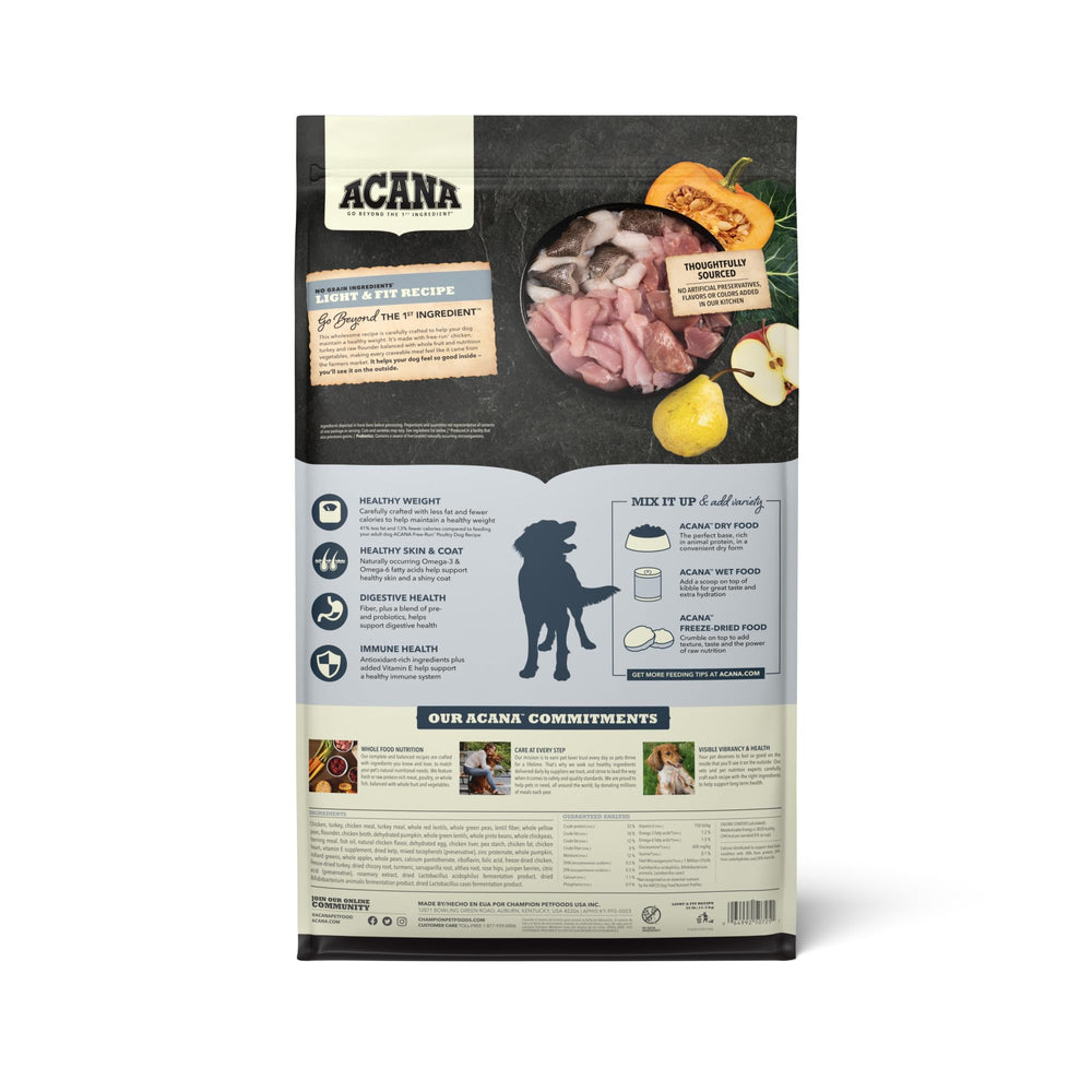 ACANA Light & Fit kibble close-up: high-protein formula supports peak conditioning