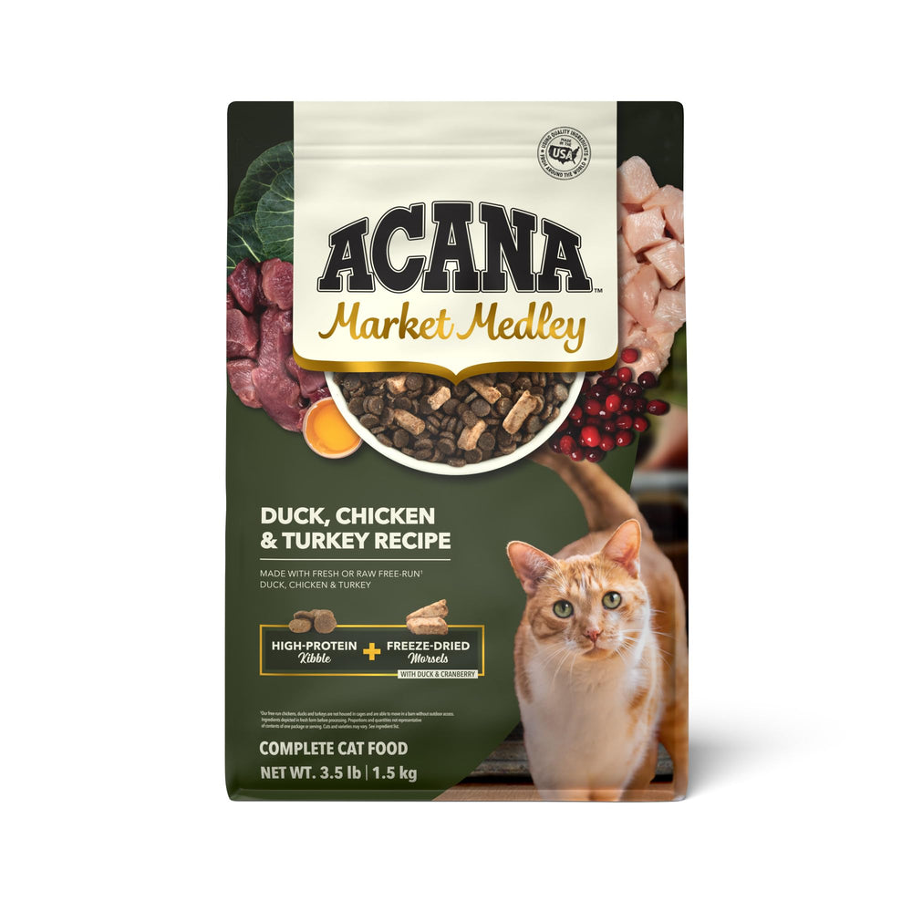 ACANA Market Medley bag front shows premium adult cat nutrition for daily feeding.
