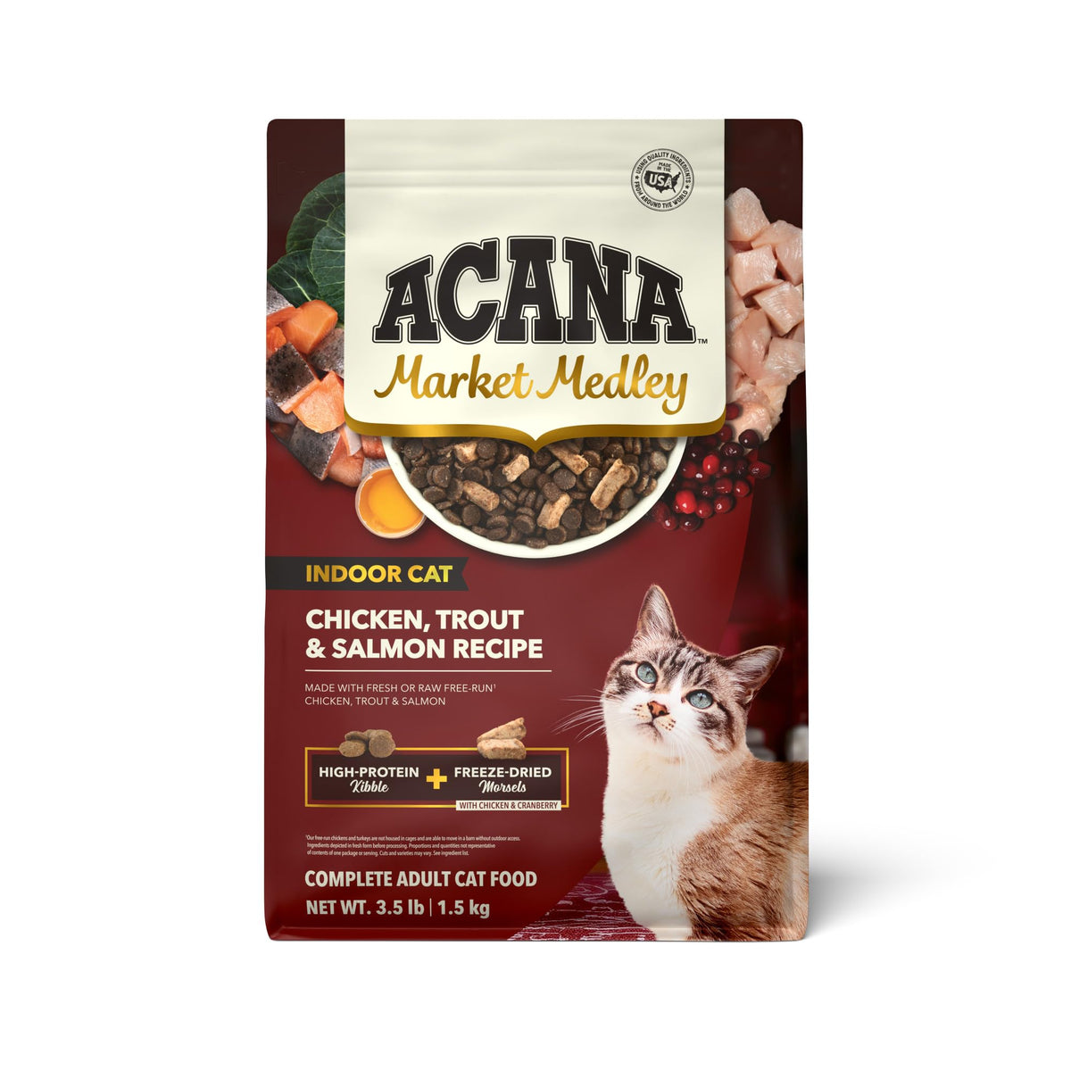 ACANA Market Medley indoor cat kibble in a bowl for protein variety and balanced nutrition.