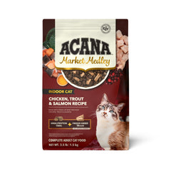 ACANA Market Medley indoor cat kibble in a bowl for protein variety and balanced nutrition.