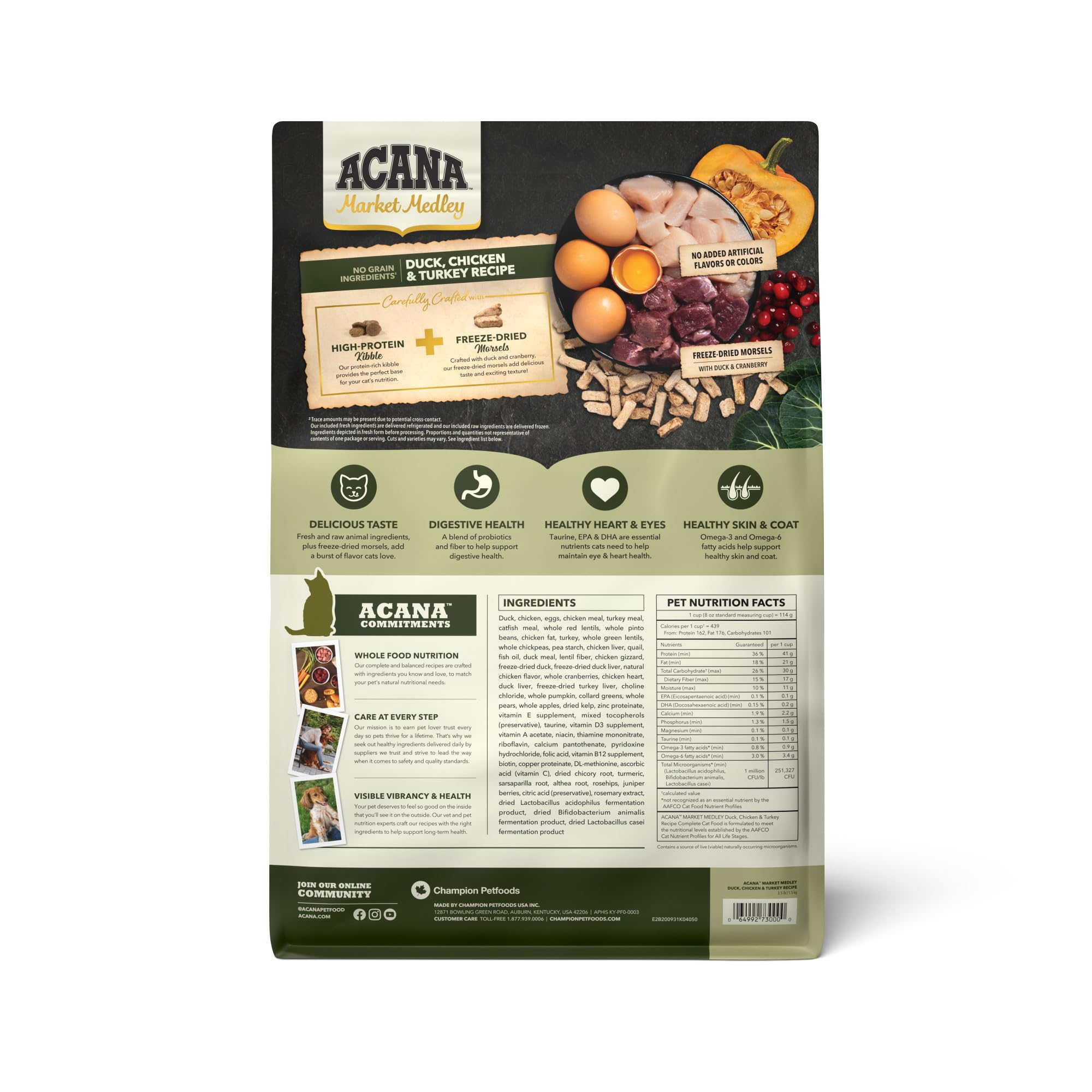ACANA Market Medley kibble close up highlights protein rich ingredients for balanced meals.