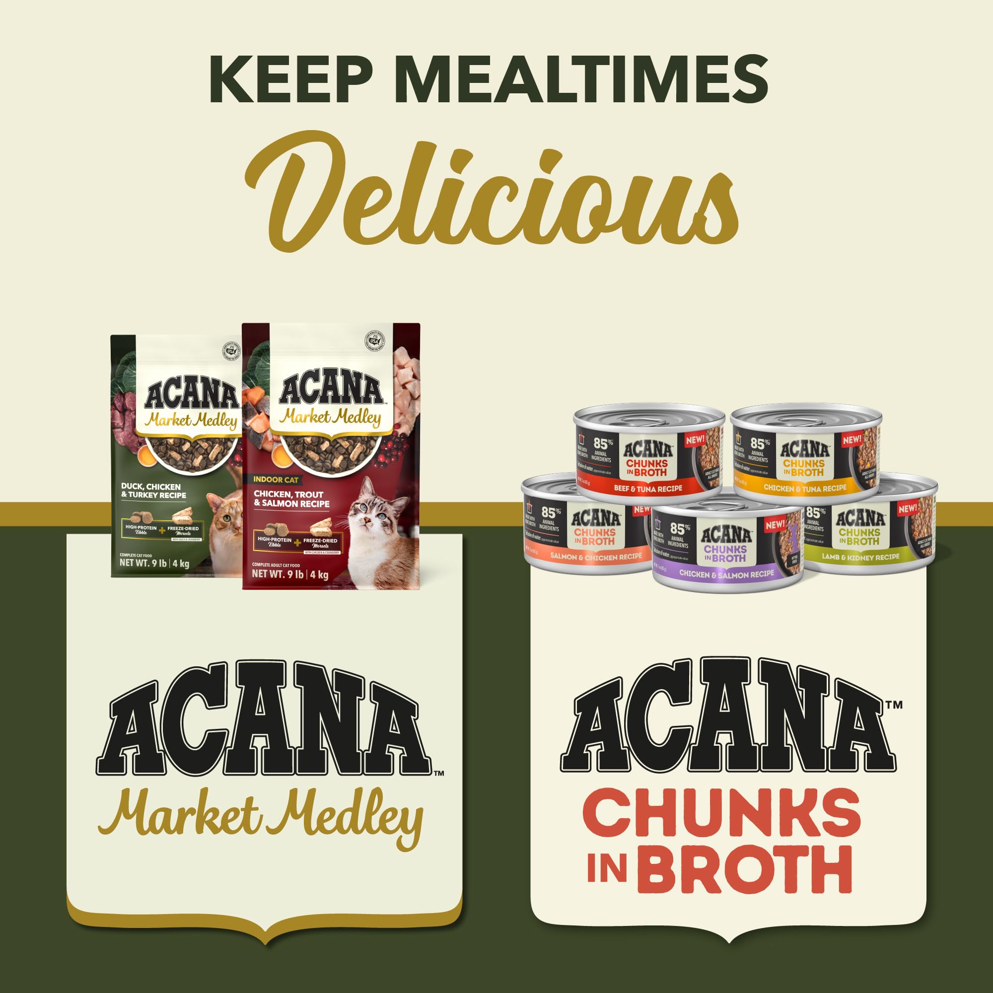 ACANA Market Medley kibble texture close up highlights crunchy bite.