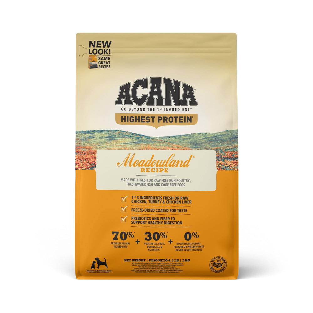 ACANA Meadowland bag beside a bowl for convenient high-protein meals