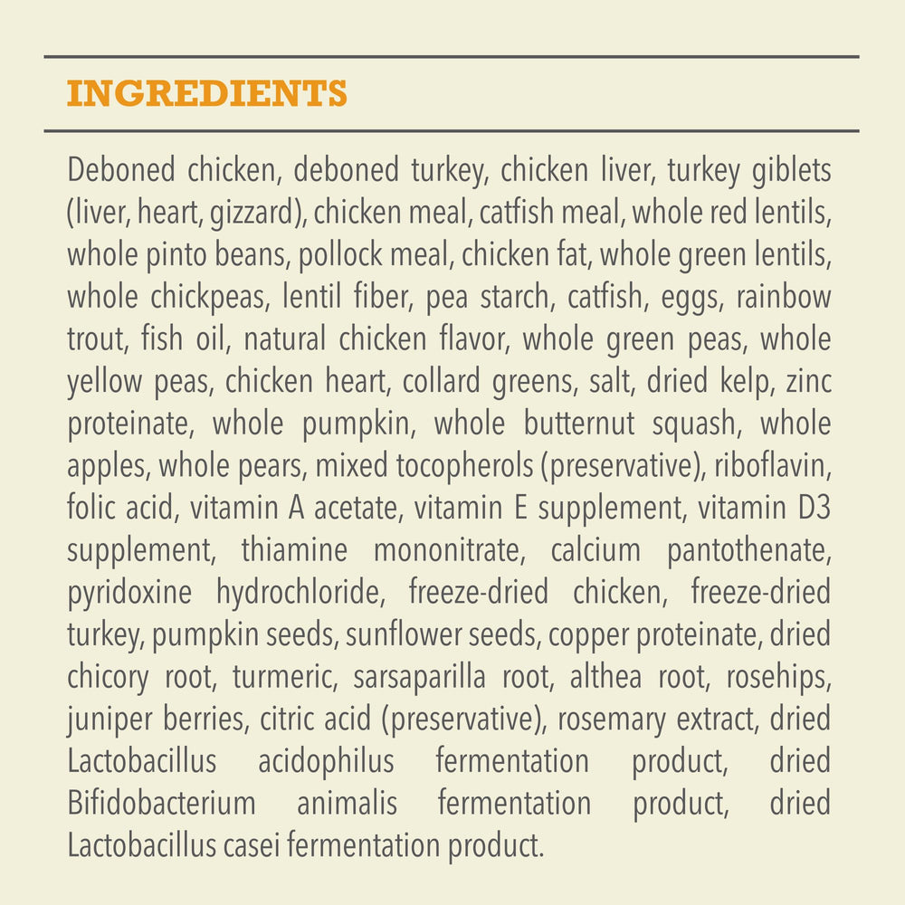 ACANA Meadowland fruits and vegetables including pumpkin, squash, apples for natural vitamins.