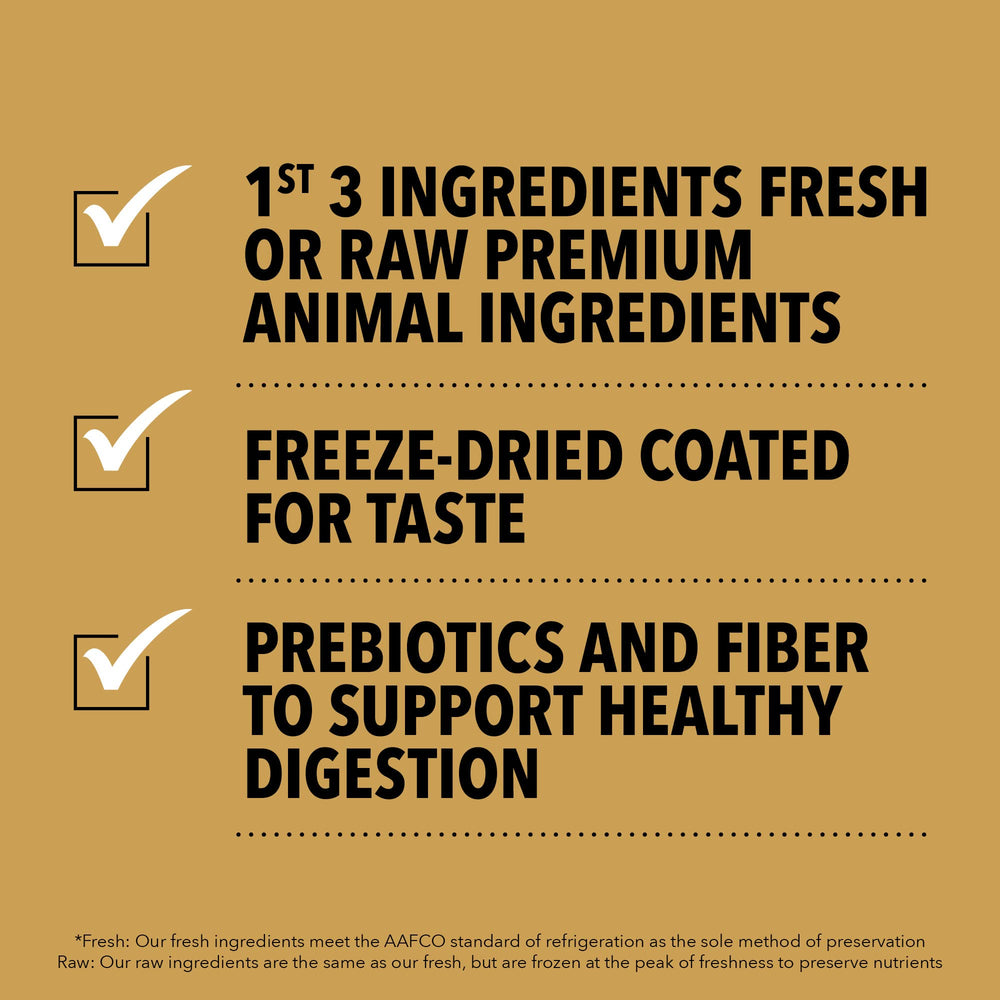 ACANA Meadowland ingredients: chicken, turkey, and fish for protein-rich meals