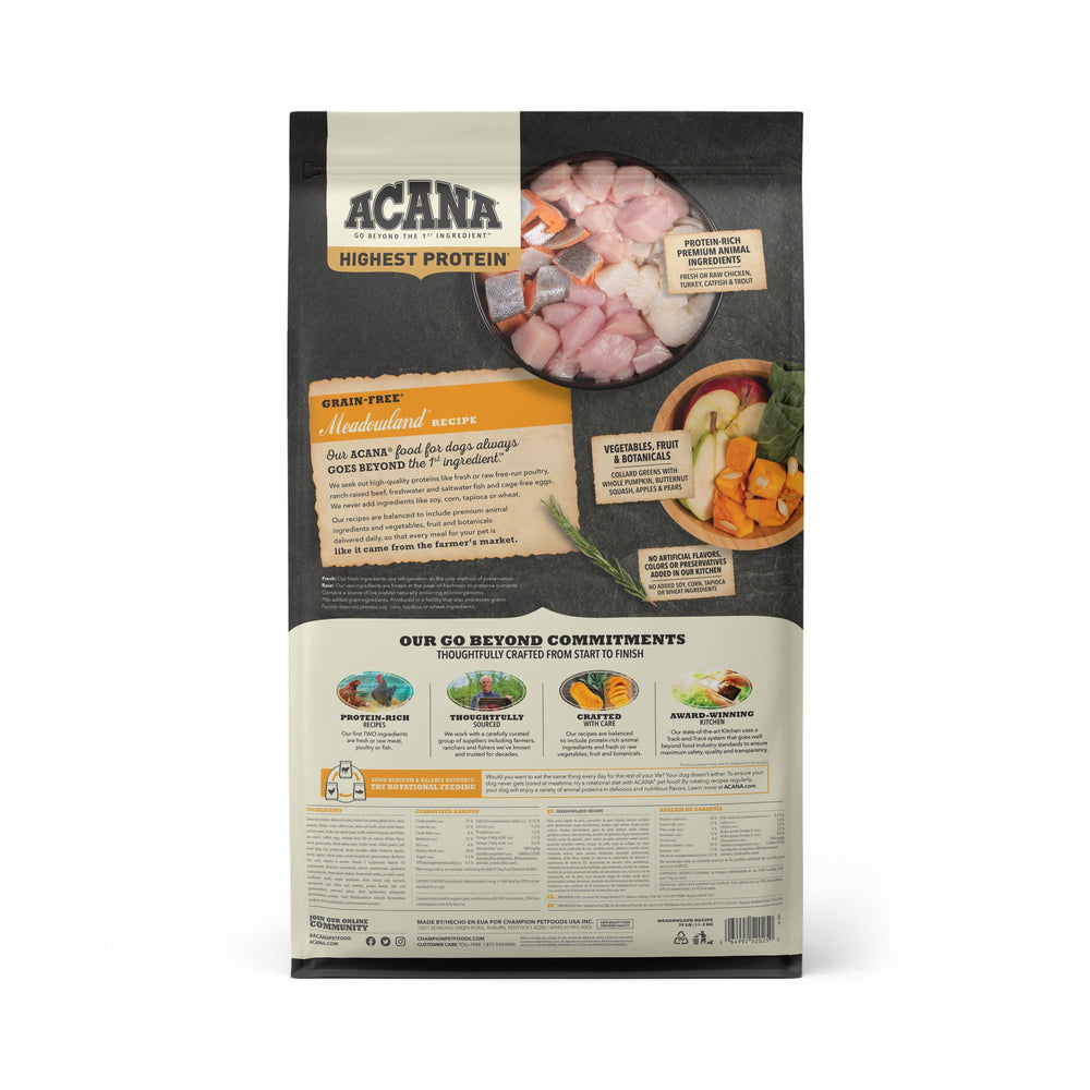 ACANA Meadowland protein sources show chicken, turkey, and fish for robust nutrition.