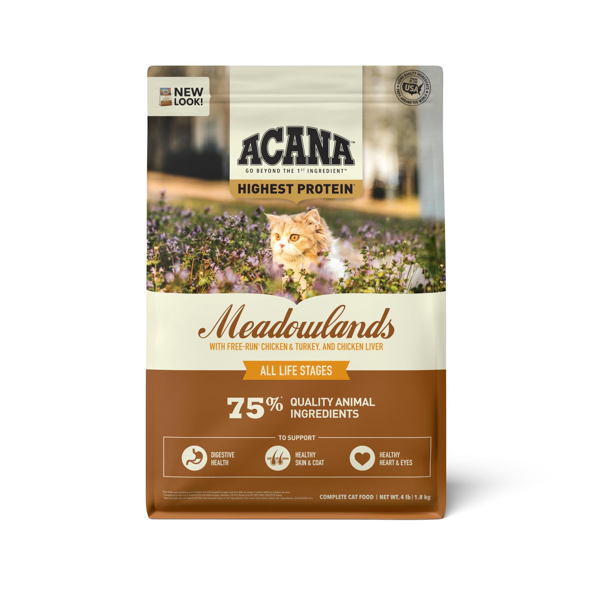 ACANA Meadowlands front-of-bag view highlighting the grain-free formula for cats