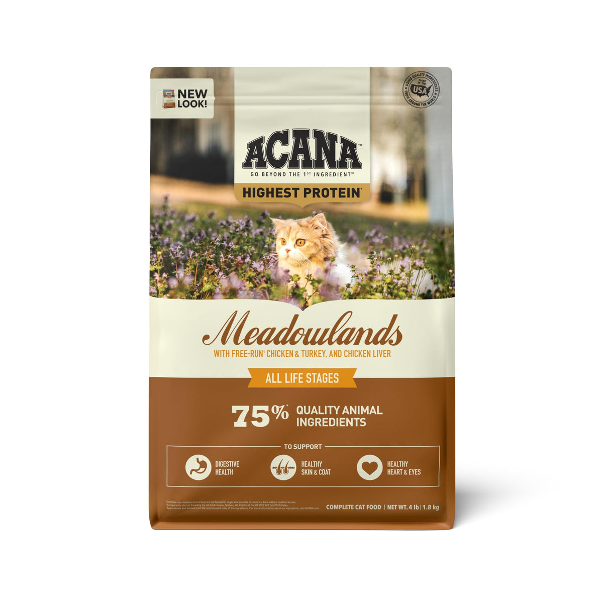 ACANA Meadowlands front-of-bag view highlighting the grain-free formula for cats