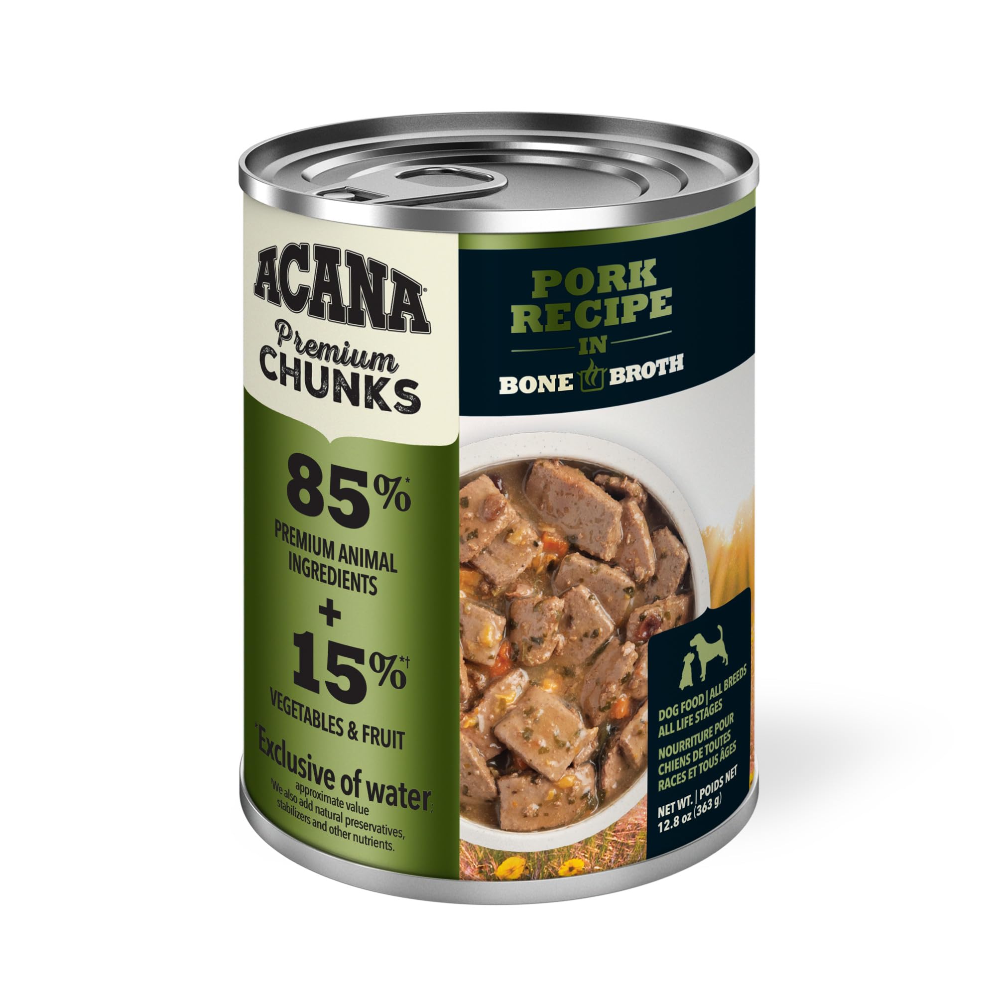 ACANA pork and liver chunks in bone broth offer savory texture.