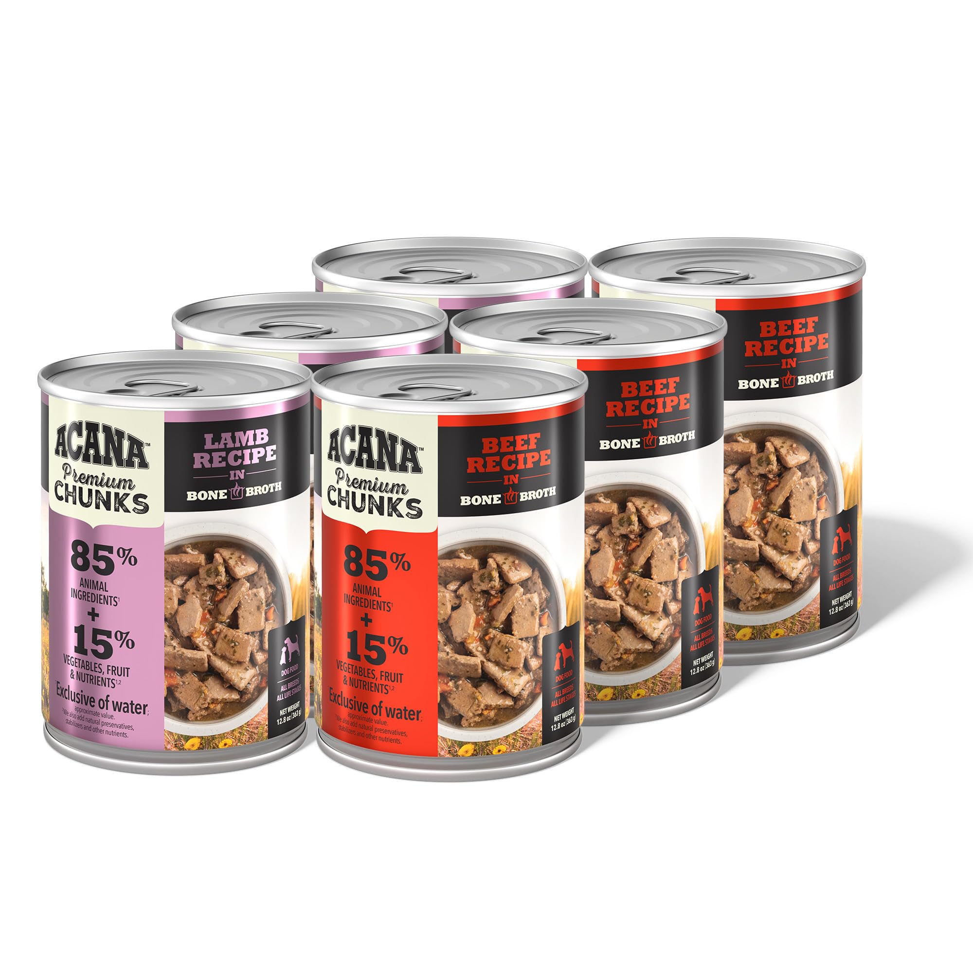 ACANA Premium Chunks beef in bone broth can highlights protein-rich meal for dogs.