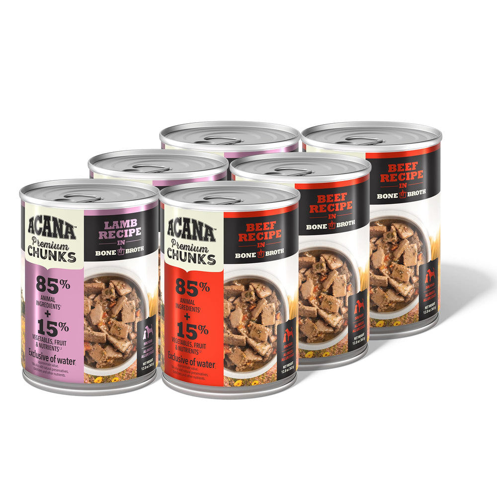 ACANA Premium Chunks beef in bone broth can highlights protein-rich meal for dogs.