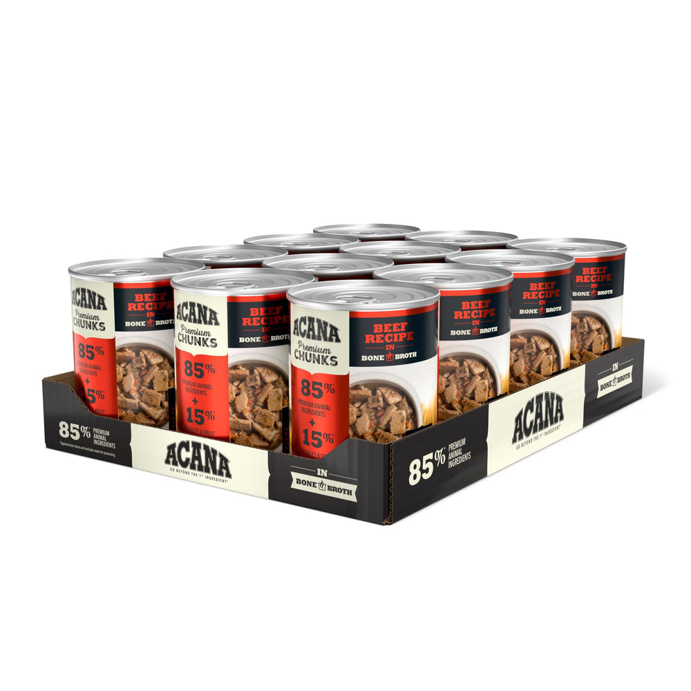 ACANA Premium Chunks Beef in Bone Broth can front view, hydration-ready.