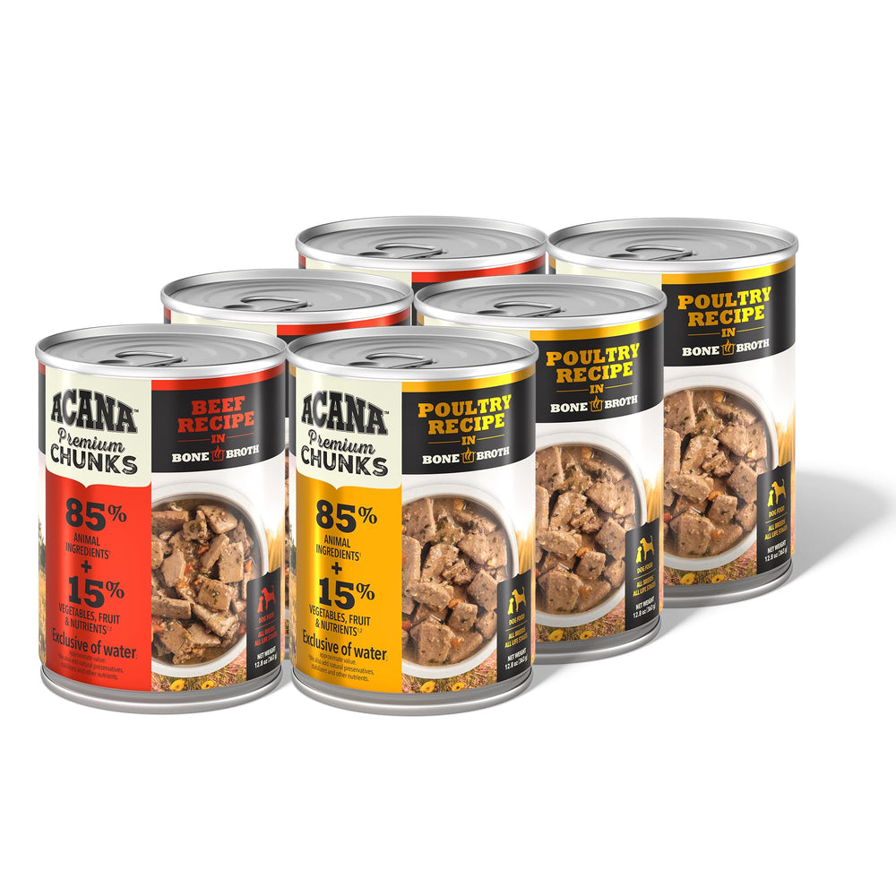 ACANA Premium Chunks Beef Bone Broth can shows protein-rich meals for dogs.