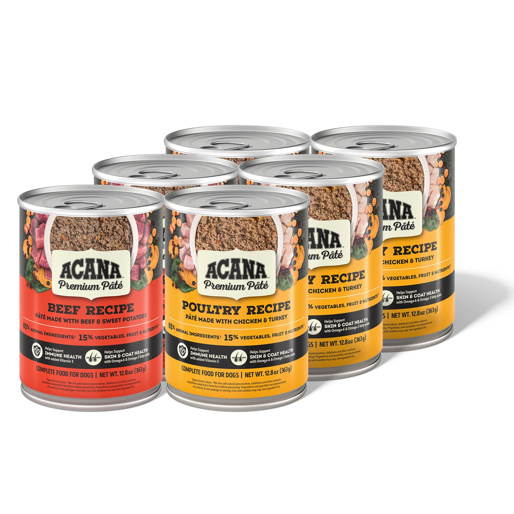 ACANA Premium Pâté Beef Recipe cans offering protein-rich meals for dogs