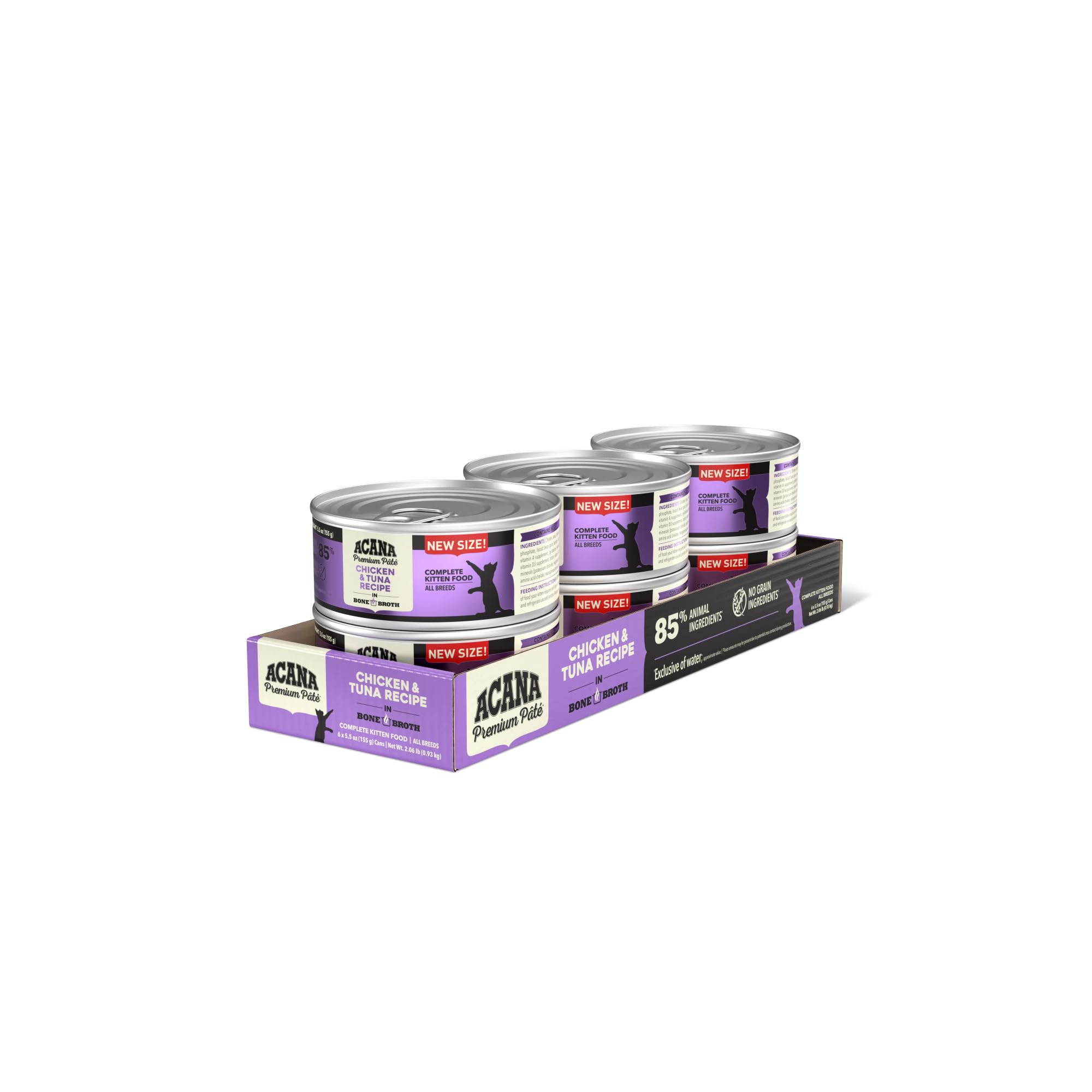 ACANA Premium Pate Kitten cans on shelf highlight protein-rich nourishment.