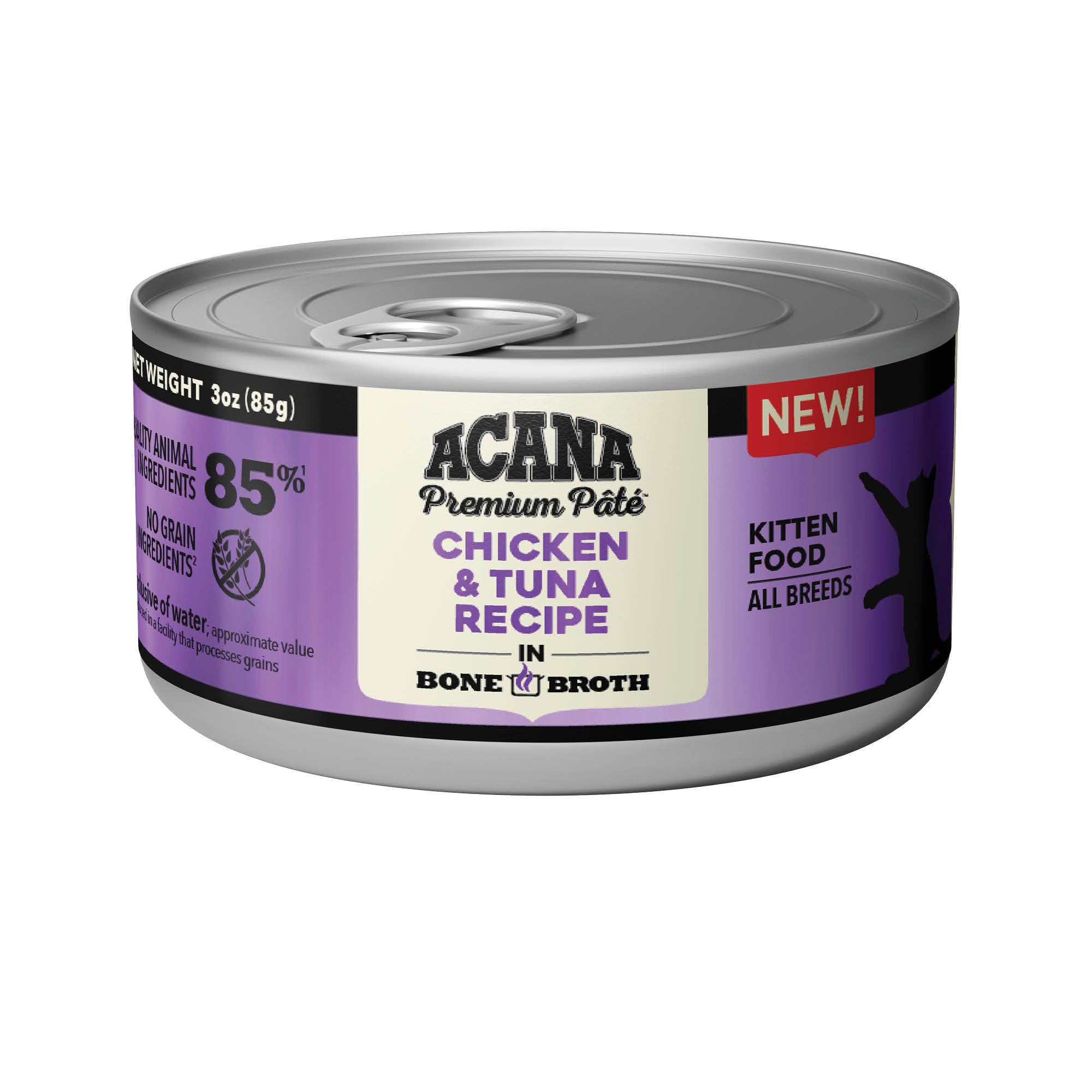 ACANA Premium Pate kitten wet food can shows chicken and tuna for high-protein appeal.