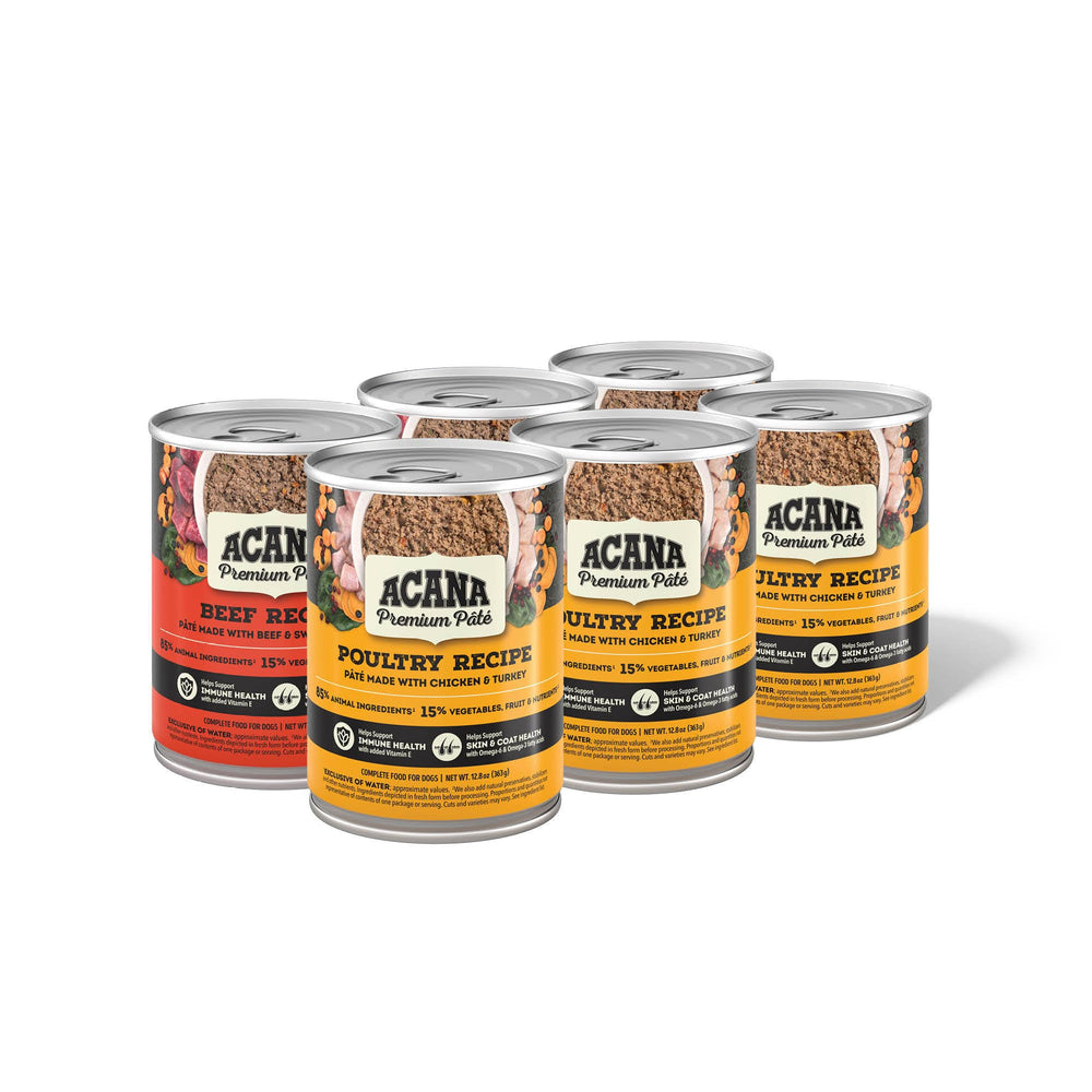 ACANA Premium Pâté Poultry Recipe cans with smooth texture dogs love
